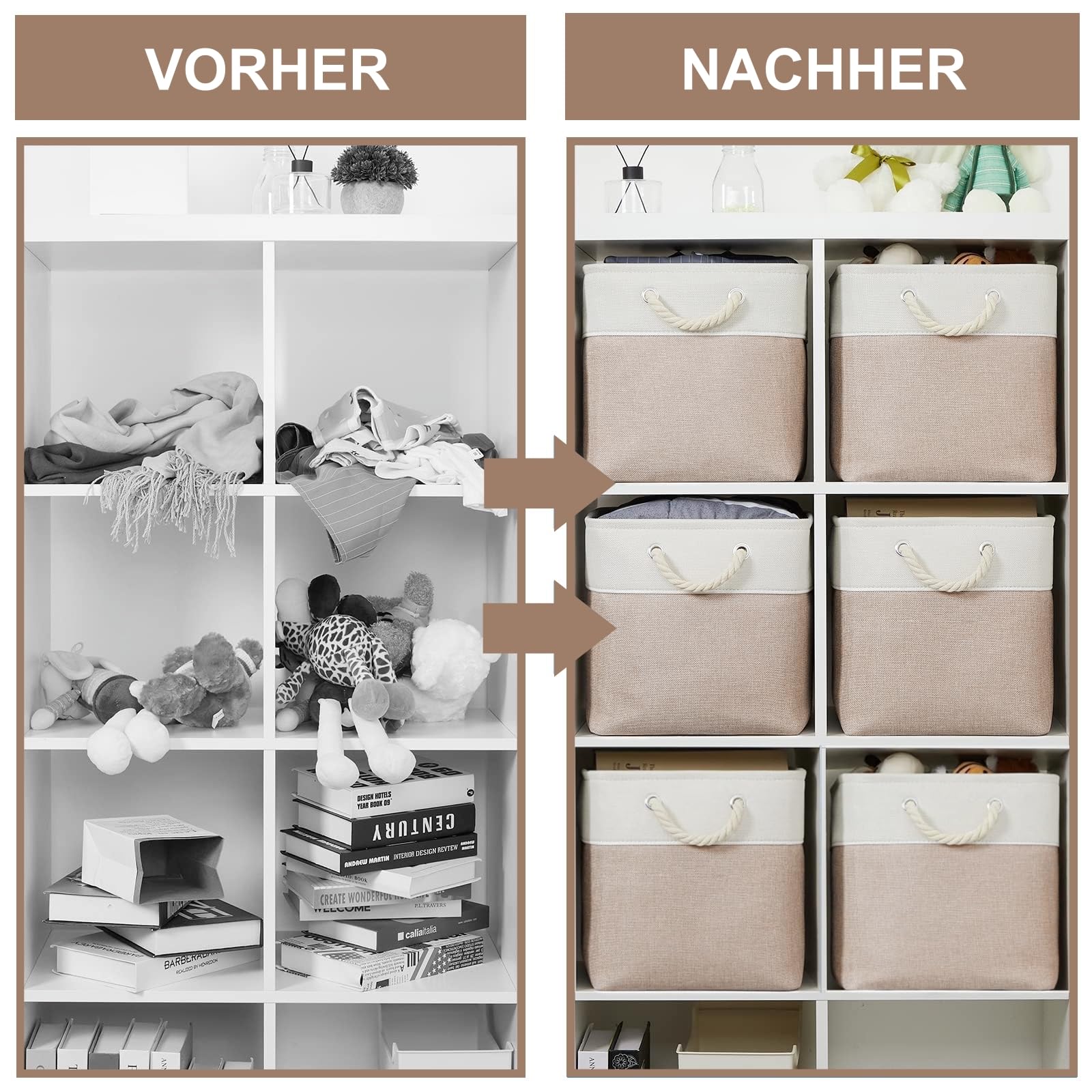 28 x 28 cm Cube Aufbewahrungsbox, 6er-Set Große Stoff Aufbewahrungsboxen mit Baumwollseil-Griffe, Stoffkörbe zum Ordnen von Kleidung, Kinderzimmer, Zuhause (Khaki/Weiß)
