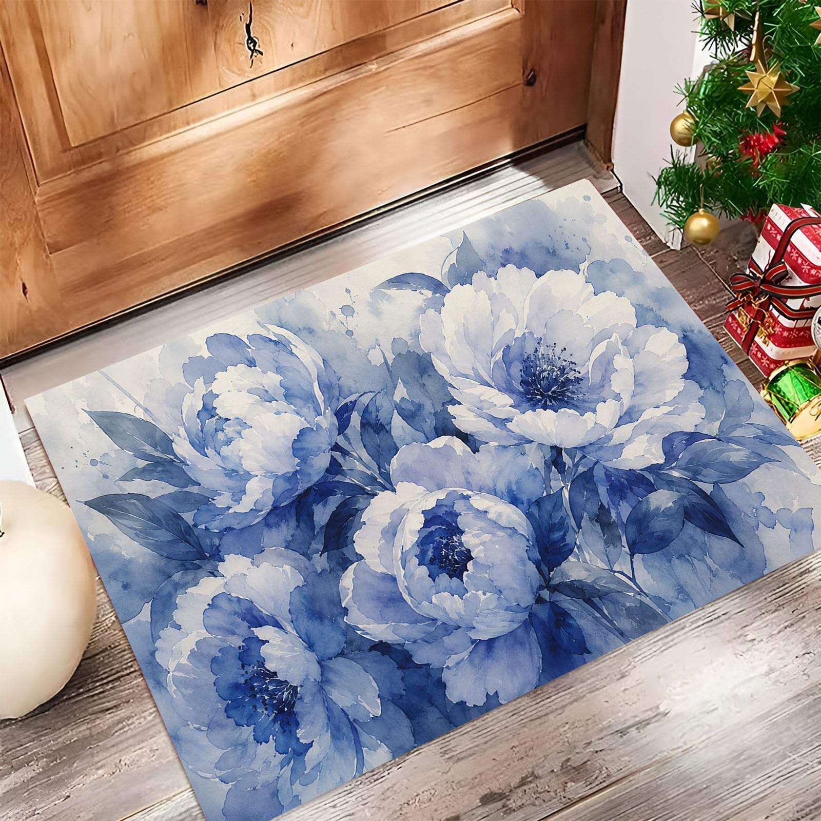 60X90Cm Zerbino Ingresso Interno Antiscivolo Assorbente, Tappeto Microfibra Sottile Lavabile Con Peonia Acquerello Sfumato Piante Della Tranquillità Orientale Per Cucina Bagno Porta Animali, Indaco
