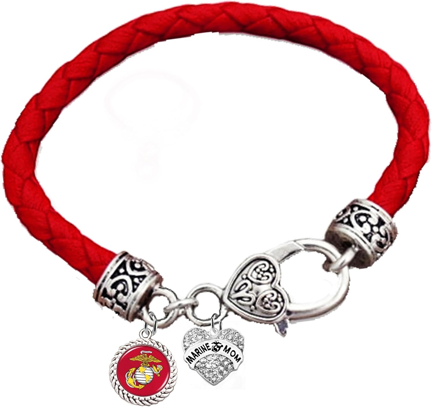 Marine Mom Vintage Antique Silver Clasp, Genuine/Red Leather Bracelet, Hypoallergenic, Safe- No Nickel, No Lead and No Poisonous Cadmium