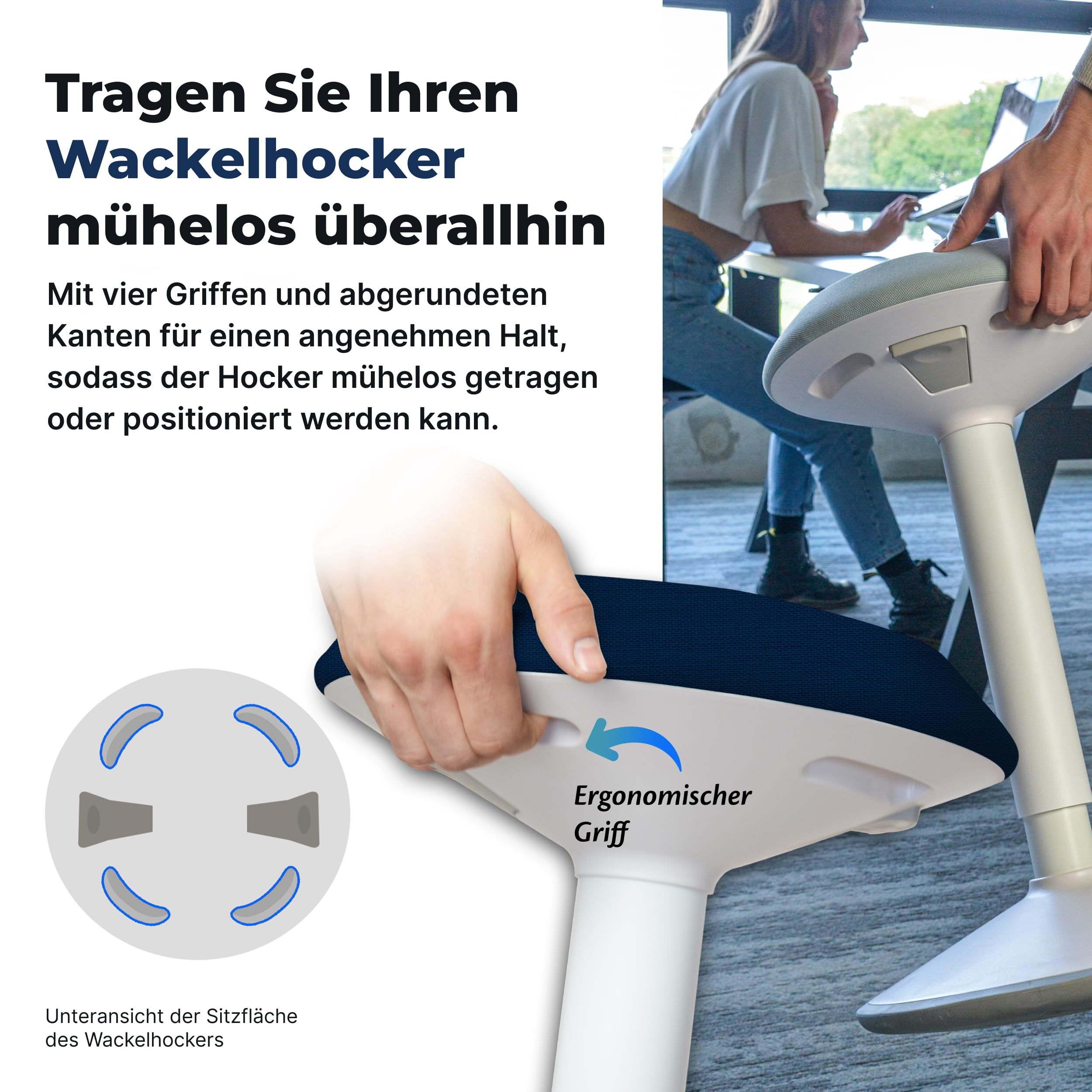 Backerz Ergonomischer Hocker - Bürohocker Testsieger mit 55-80 cm Stehhocker Höhenverstellbar mit Schwingeffekt - Büro Stehstuhl - Rutschfester Sitzhocker Ergonomisch - Wackelhocker Büro - Blau