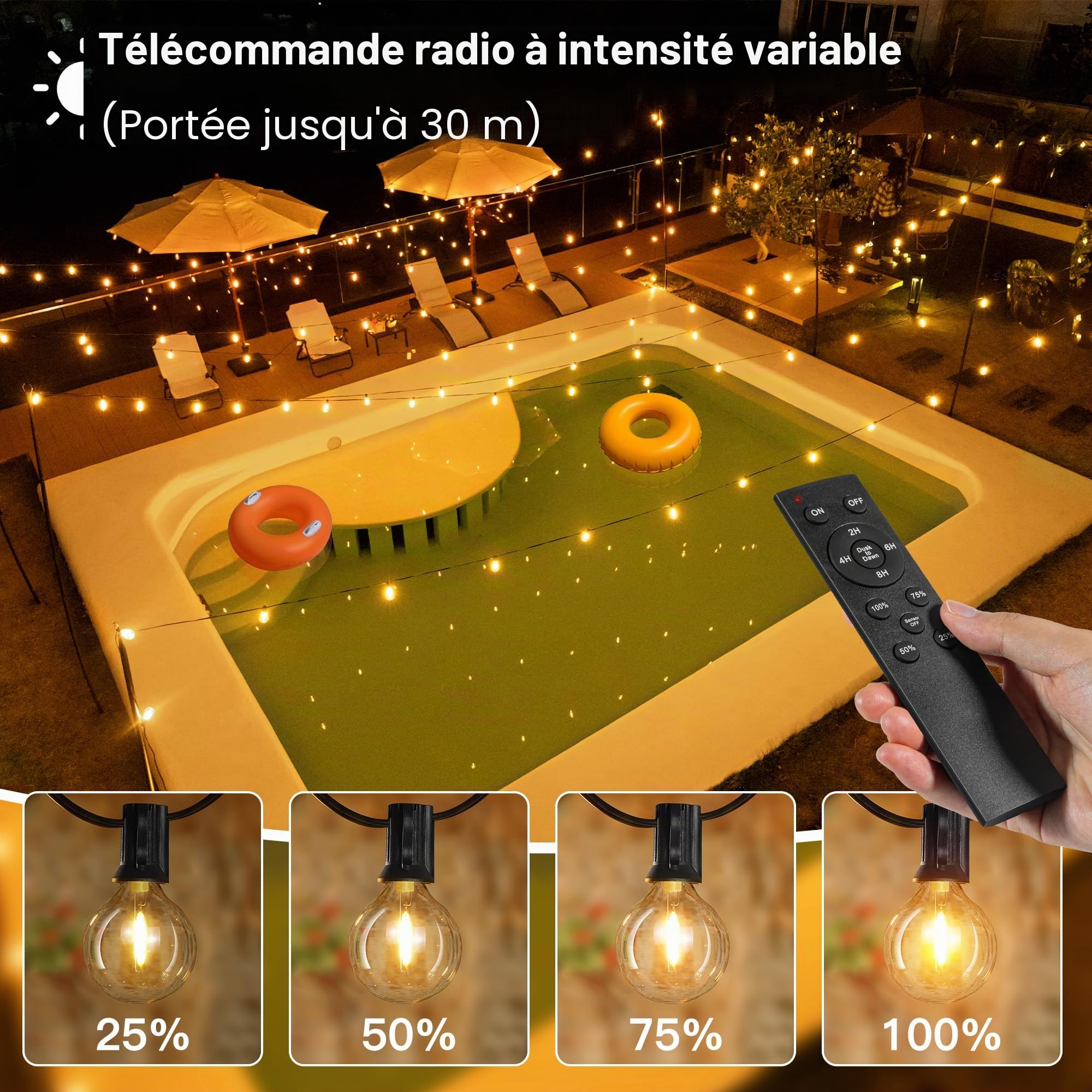 Guirlande lumineuse solaire d'extérieur 20 m avec 30 + 2 ampoules LED, G40, résistant aux intempéries, pour jardin, balcon, télécommande, 3 modes d'éclairage,fonction minuterie, étanchéité IP65