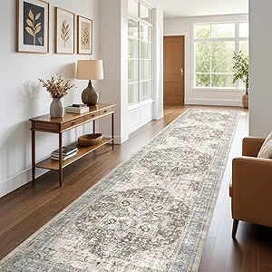 Tortania Area Rug 3x18 Runner Rugs - Washable Vintage Oriental Farmhouse Thin Indoor Carpet for Living Room Bedroom Hallway Entryway Kitchen Under Dining Table Home Office - Brown Blue
