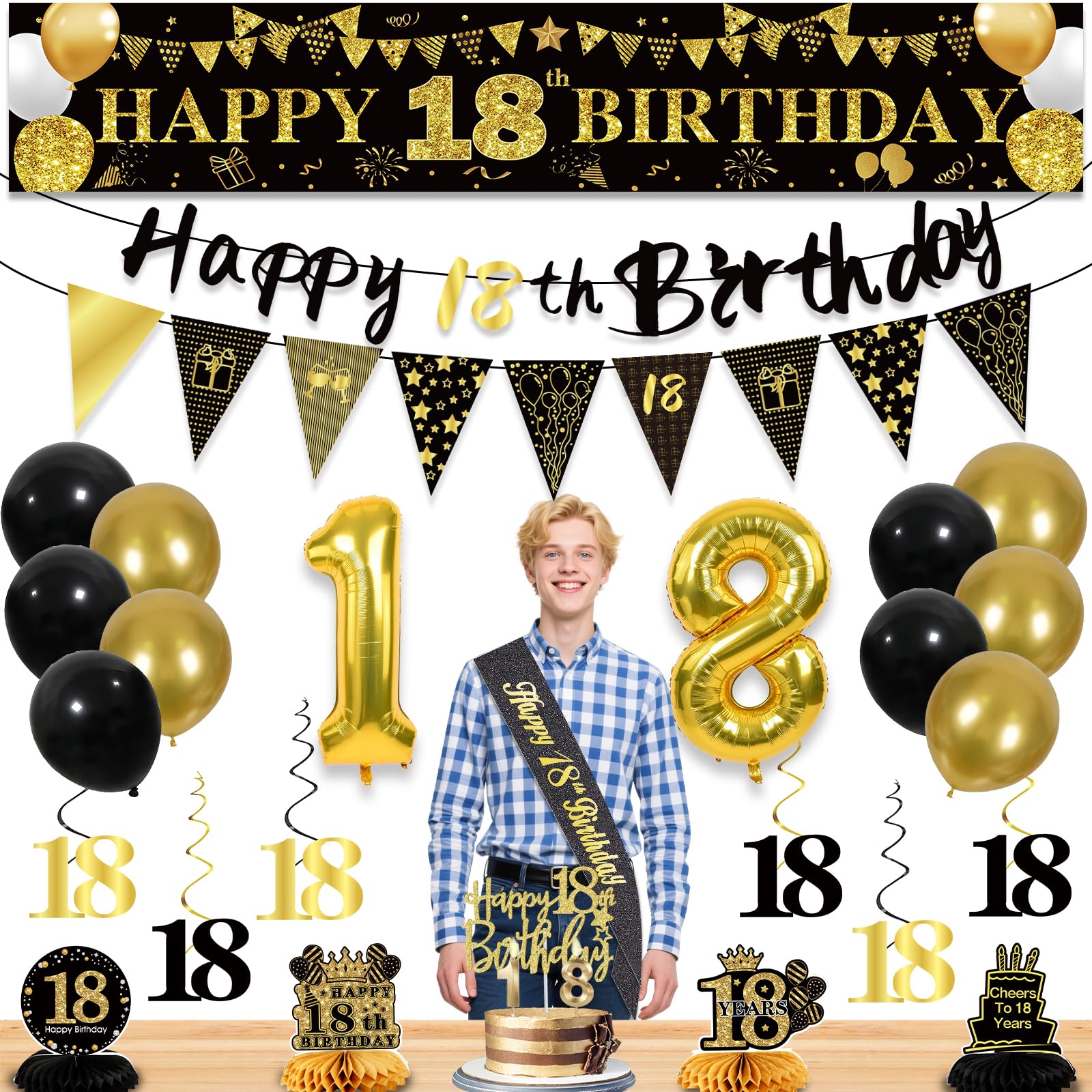 18th Birthday Decorations for Boys, Black Gold 18th Party Decorations