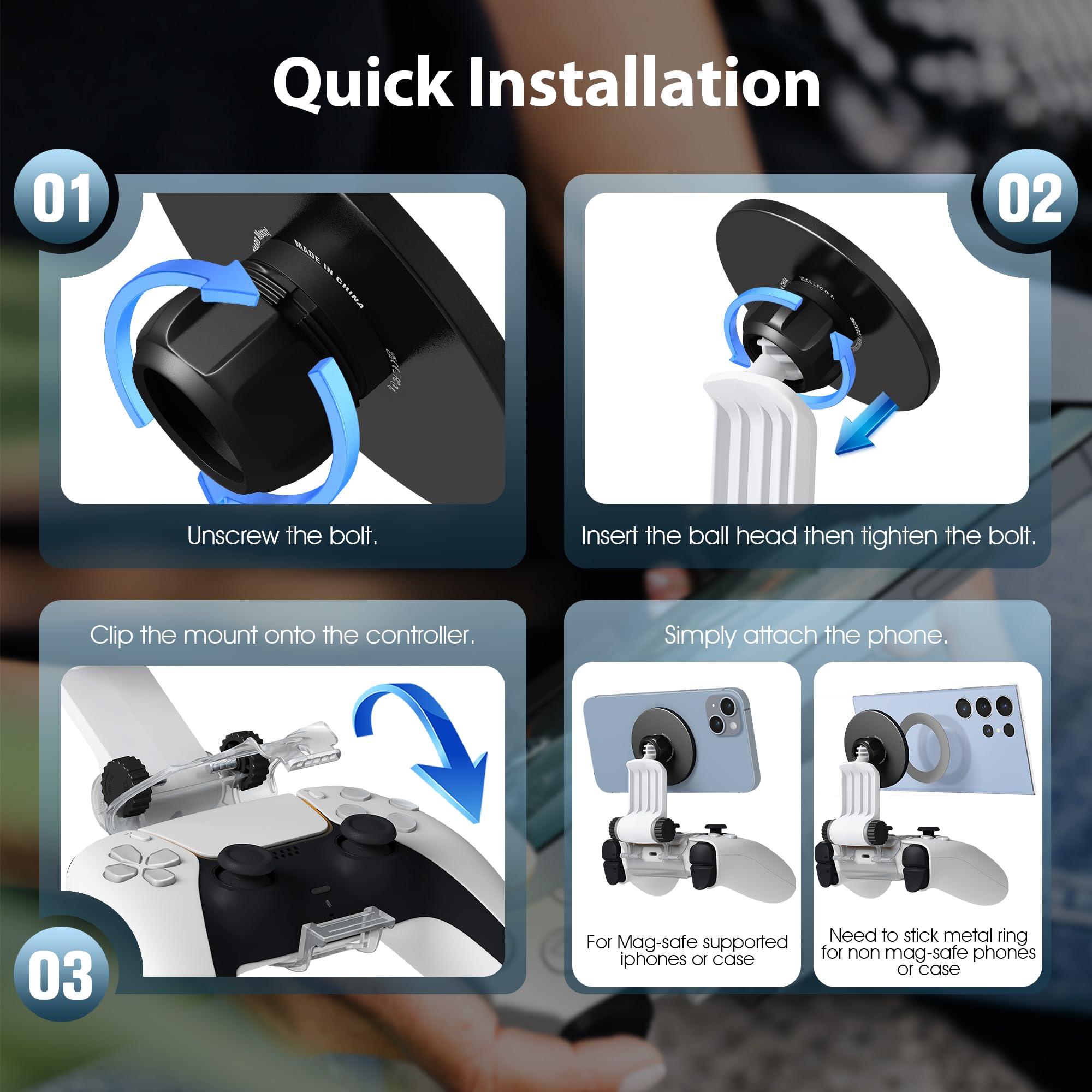 Orzero Controller Téléphone Mount Clip pour Contrôleur Magnétique pour PS5 | Support Réglable magsafe, Accessoires pour iPhone et Android, Jeux en Streaming à Distance - Noir