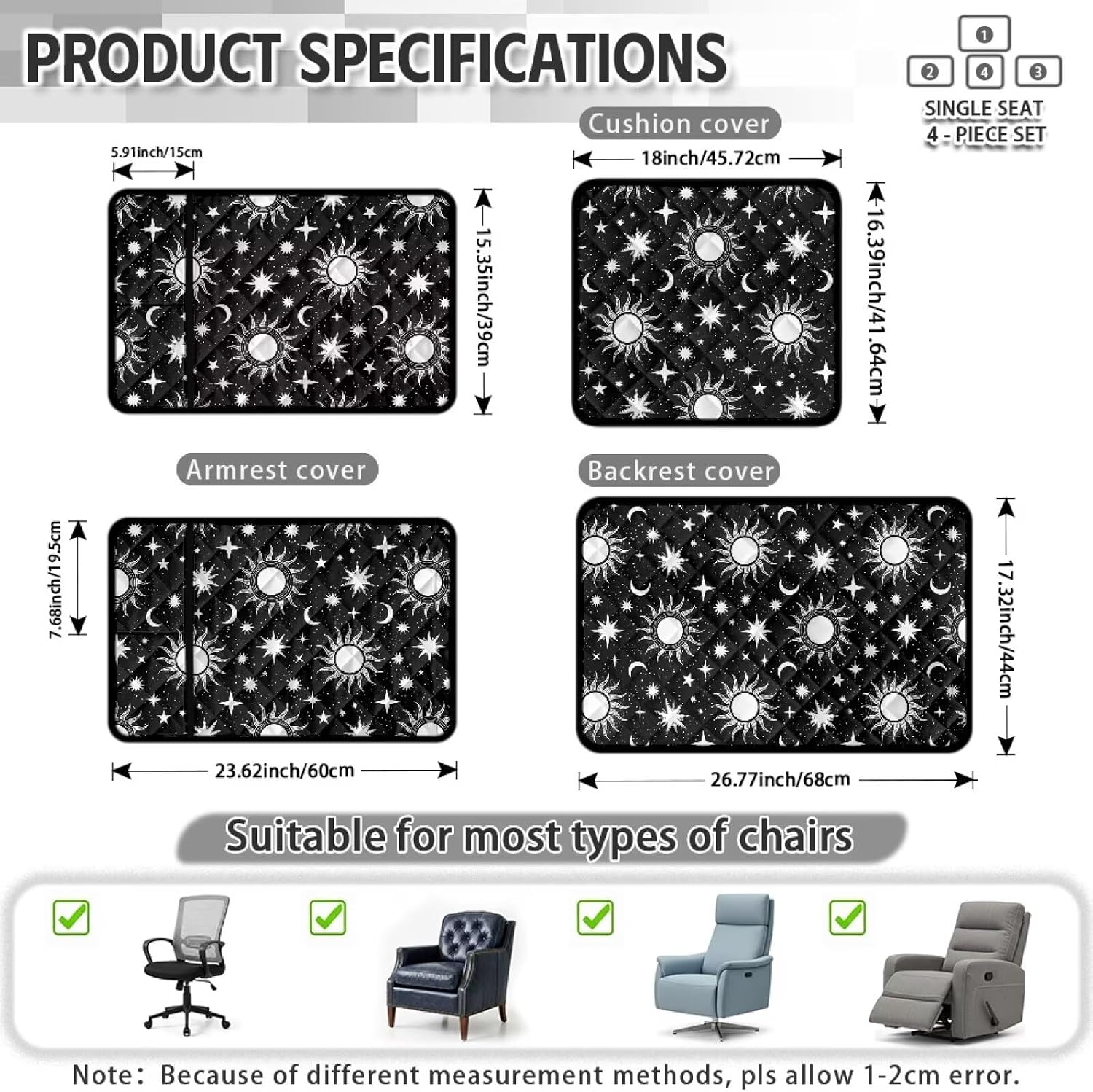 Sun Moon Star Pattern Recliner Chair Covers Anti-Slip Reclining Cover for Recliner Chair Washable 1 Seat Chair Covers for Reclining Chairs for Home Decor (4 Pcs)