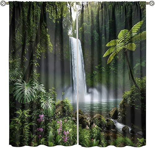 Miniatura 23 de Cortinas de cascada, patrón de paisaje con tema de naturaleza primaveral en bosque, cortinas térmicas opacas para dormitorio y sala de estar, juego