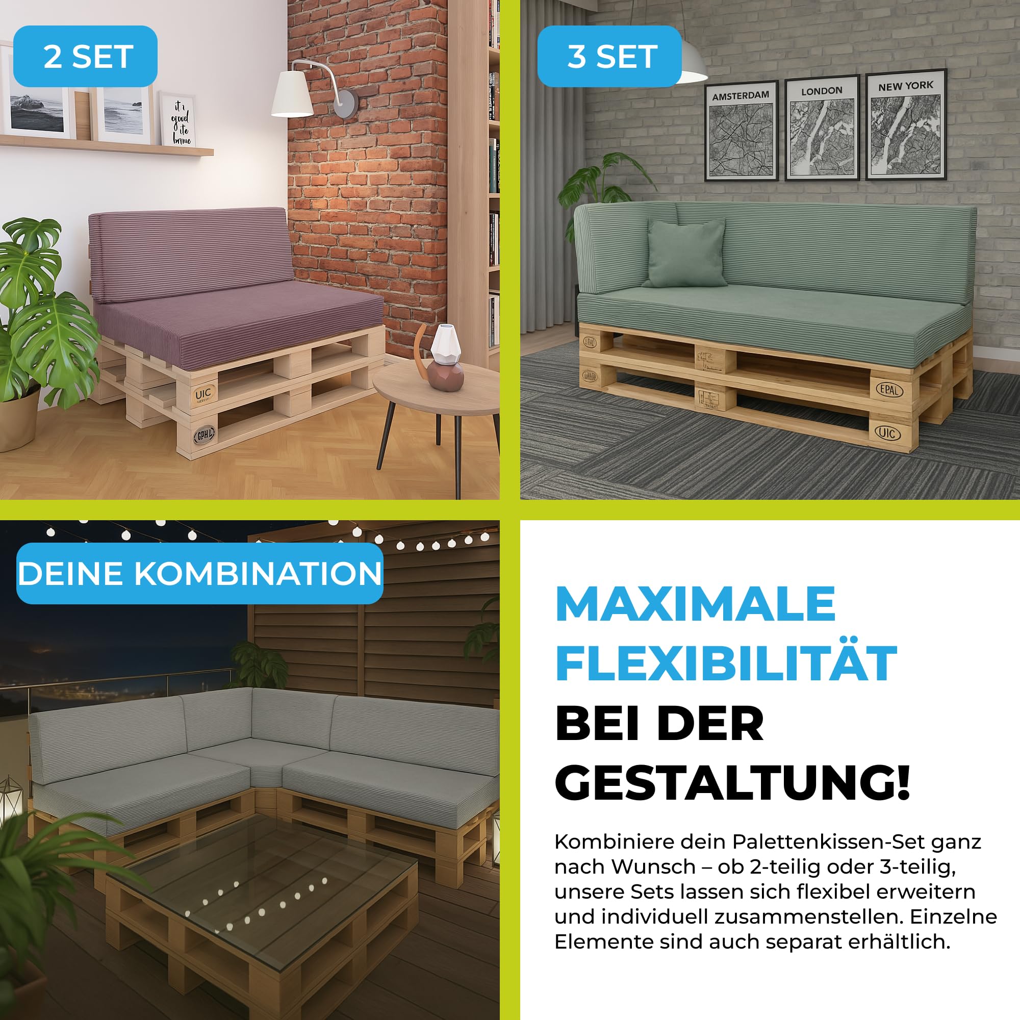 Palettenkissen 3-teiliges Set aus Cordstoff | Sitzkissen & Rückenkissen für Europaletten 120x80 | Weiche Palettenauflage für Wohnzimmer, Garten oder Balkon | Made in EU | Hellblau