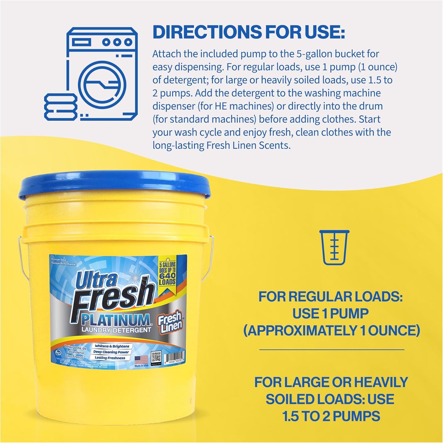 Ultra Fresh Platinum Liquid Laundry Detergent Washing Soap for All Machine Types, Up to 640 Loads, 5 Gal, Fresh Linen - Household Cleaning Supplies and Accessories for Clothing and Fabric Items