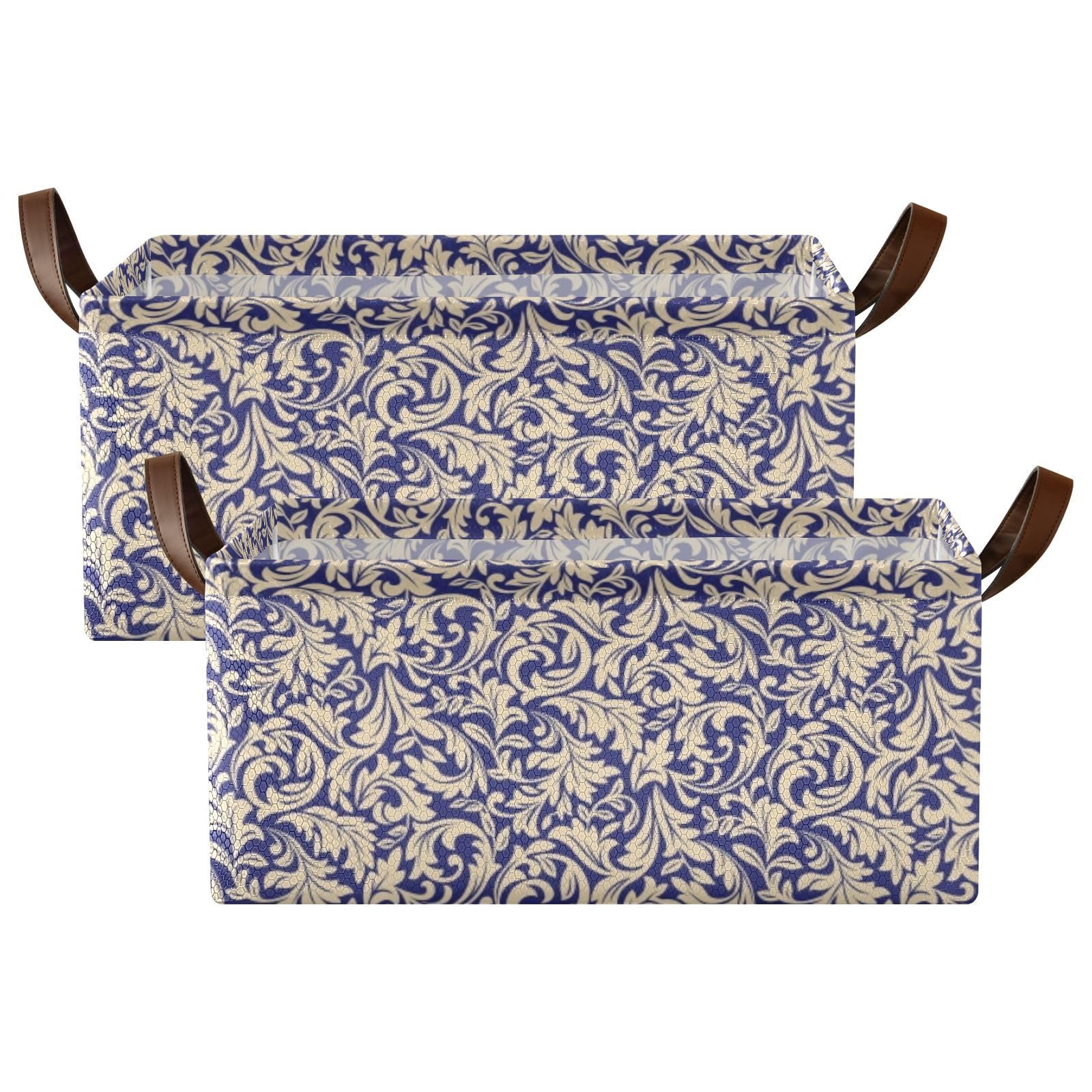 Fygkptb Seamless Gold Baroque Damask Floral Pattern on Dark Blue 2 PC Rectangle Foldable Frame Basket Leather Handles Storage Bin for Laundry Bathroom Organizer 16.9 x 11.4 x 7.7 inch