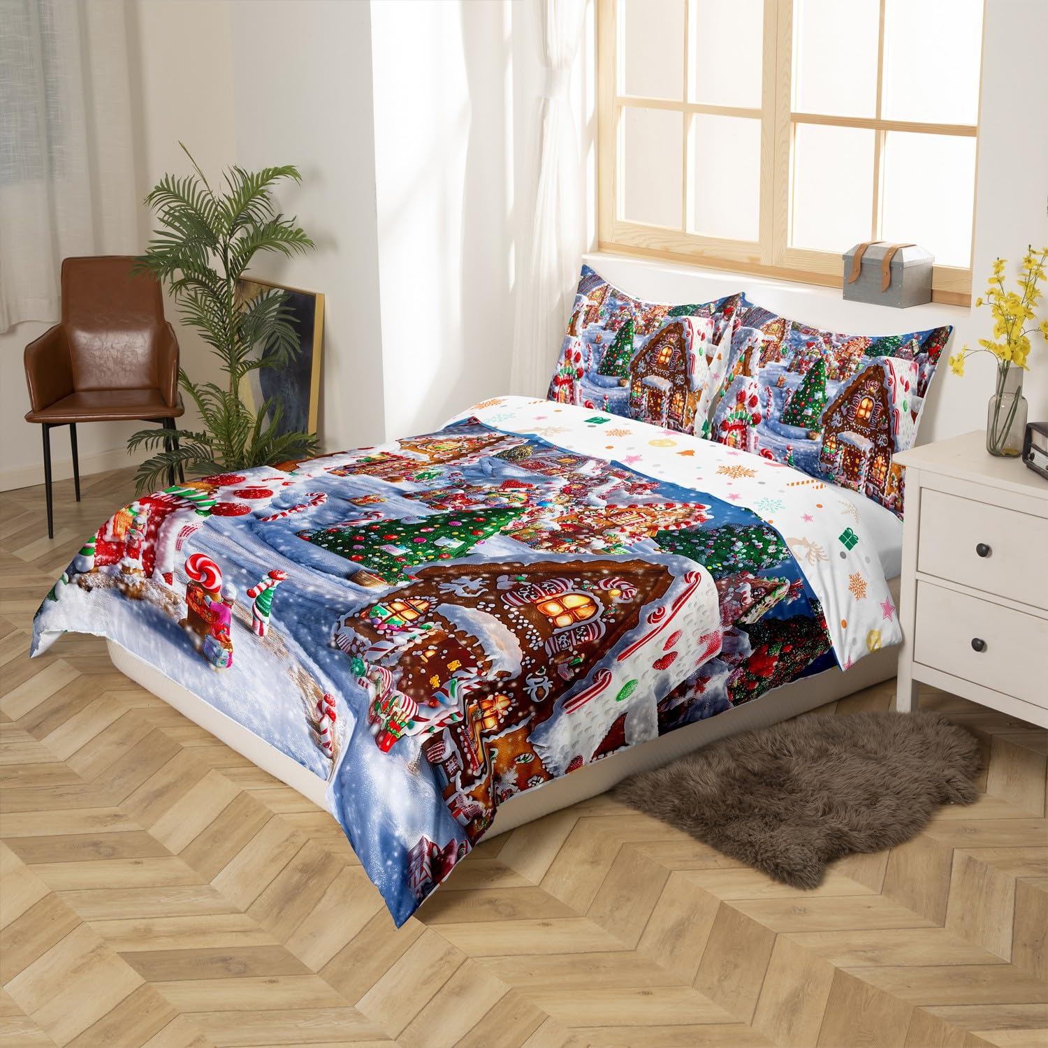 Dreamy Gingerbread Kingdom Duvet Cover King for Kids Boys Teens,Winter Xmas Cartoon 3 Pieces Duvet Cover (Not Comforter),Watercolor Gingerbread House Soft Comforter Cover,Girls Candy Land Quilt Cover