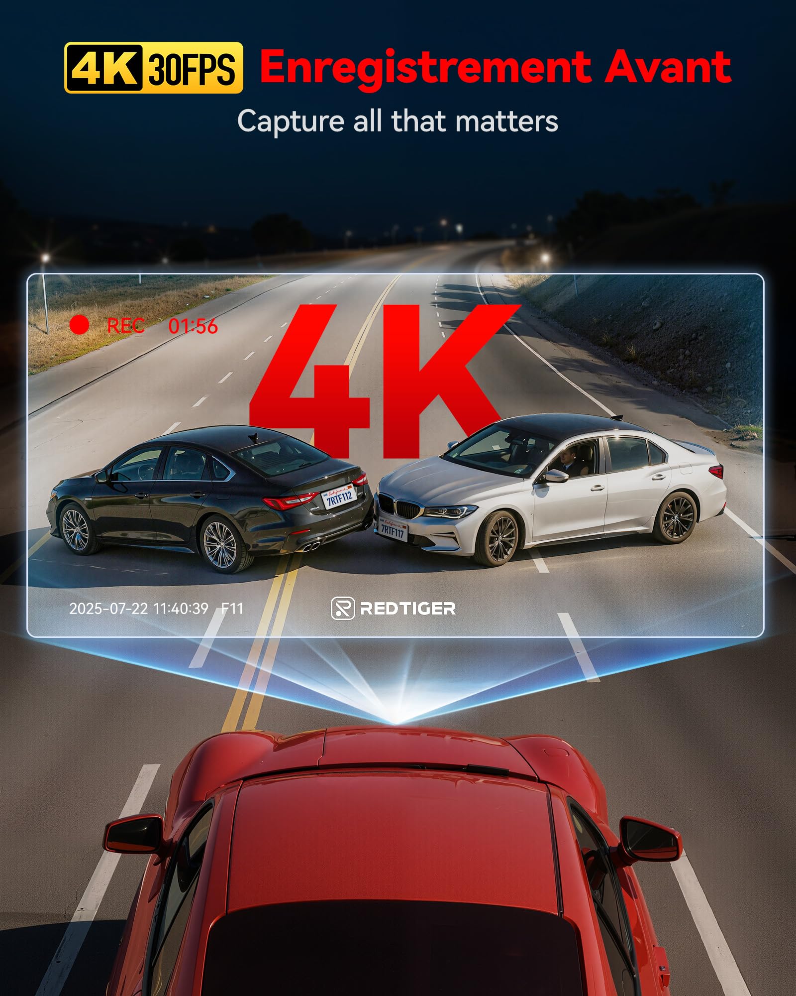 REDTIGER 4K Dashcam Voiture Avant, WiF avec App, Vision Nocturne