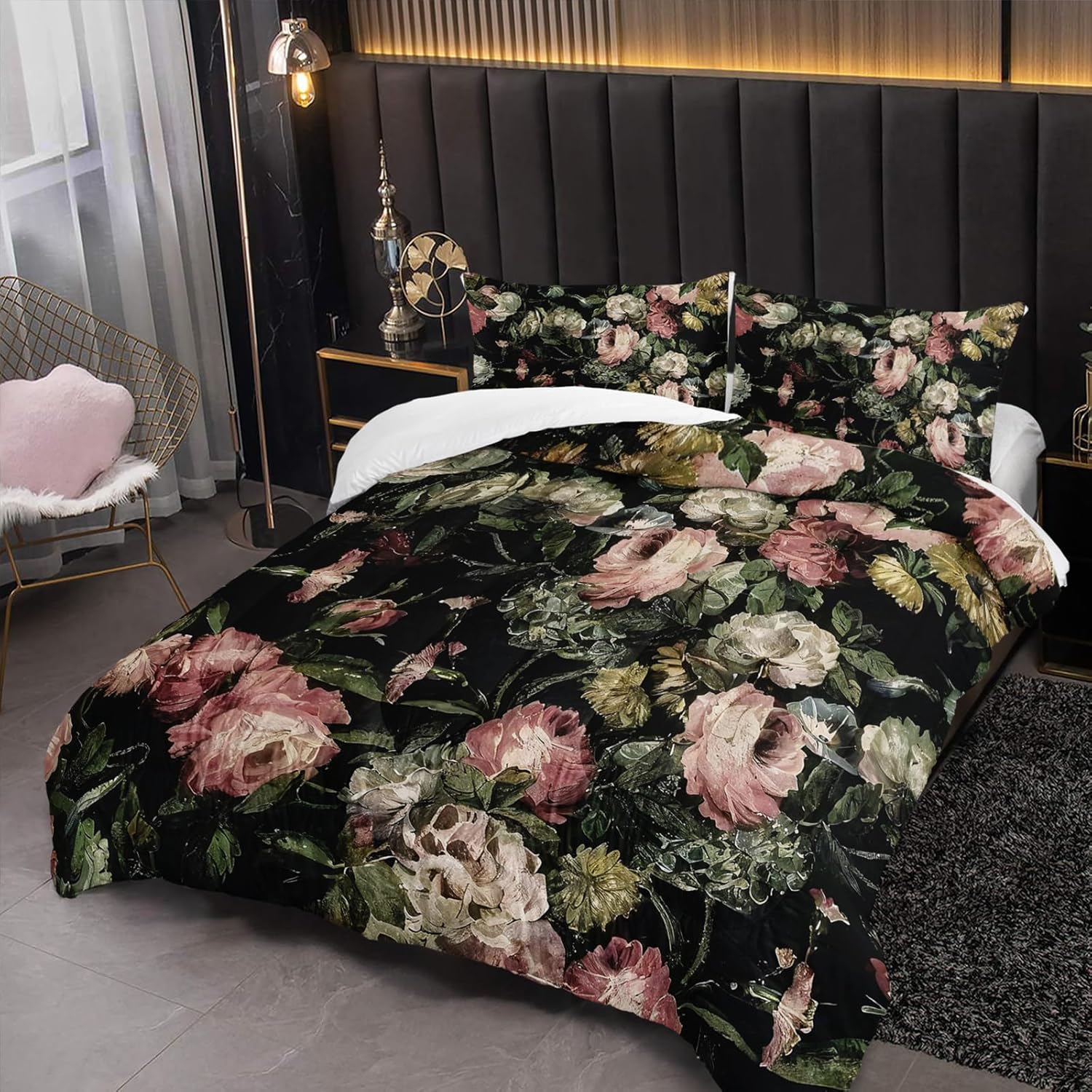 Nttopship Boho Floral Comforter Set Twin Black Floral Bedding Sets 3PCS for Kids Teen Adult Flowers Leaves Room Decor Ultra-Soft Lightweight Microfiber 1 Comforter with 2 Pillowcases