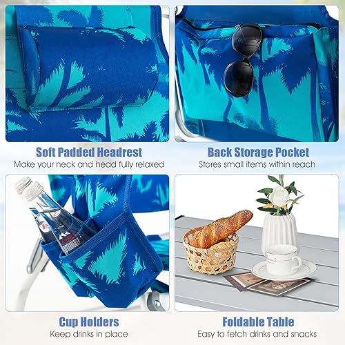 Miniatura 6 de Tangkula Silla de Playa con Mochila con Mesa, Sillas de Playa de 5 Posiciones que se Reclinan Completamente con Bolsa Refrigeradora, 2 Portavasos,