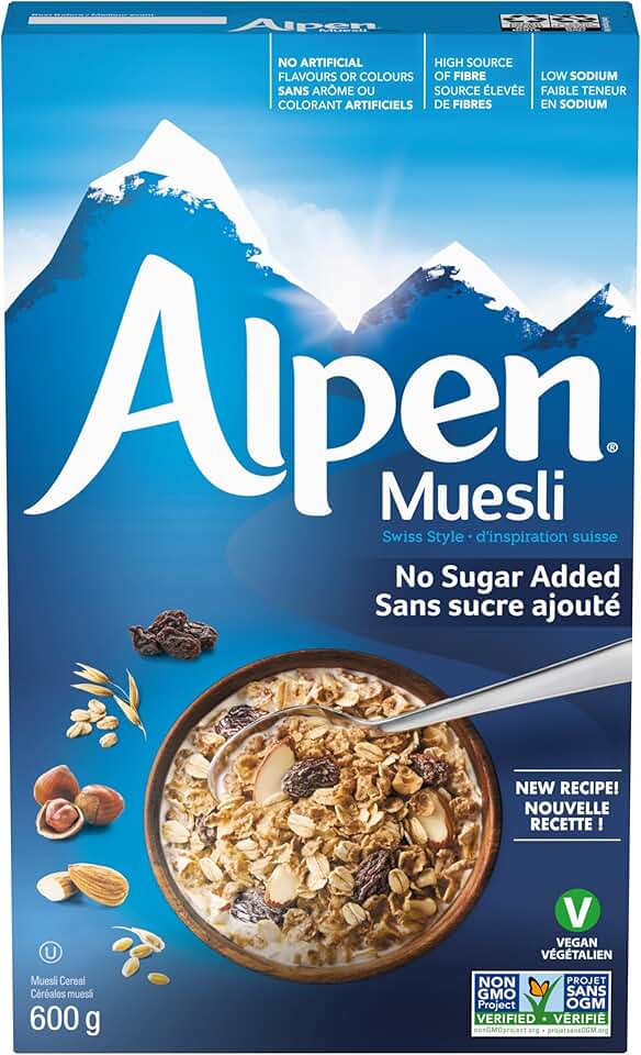 Alpen Muesli No Sugar Added Breakfast Cereal, High in Fibre, Low Sodium, Non-GMO Project Verified, Regular Size 600g