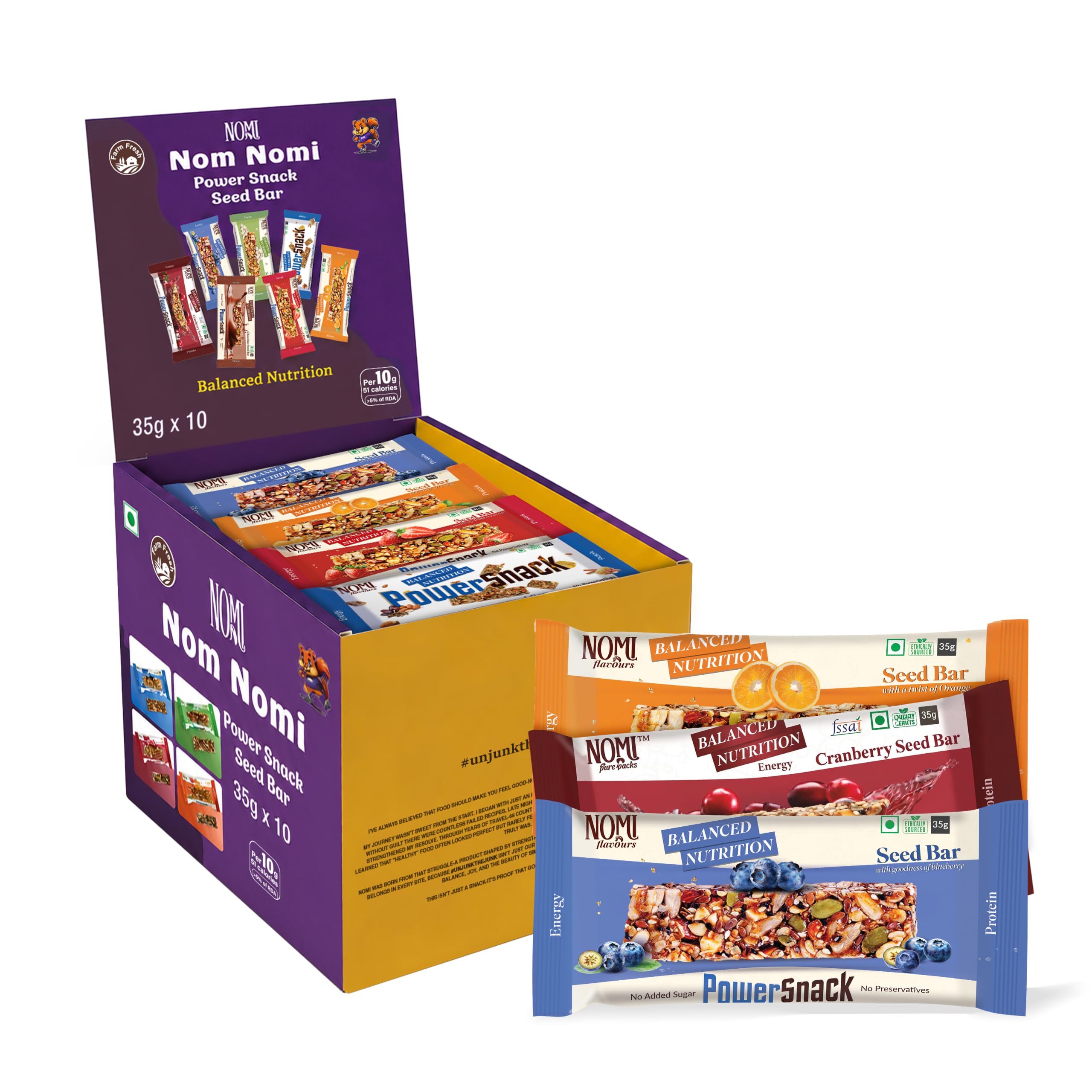NOMI Assorted Seed Bar - Pack of 10 x 35g | Flavour Variety Pack: Classic, Chocolate, Strawberry, Orange, Cranberry, Blueberry & Makhana | Protien Packed Energy Bars| No Palm Oil | No Added Sugar-image-33