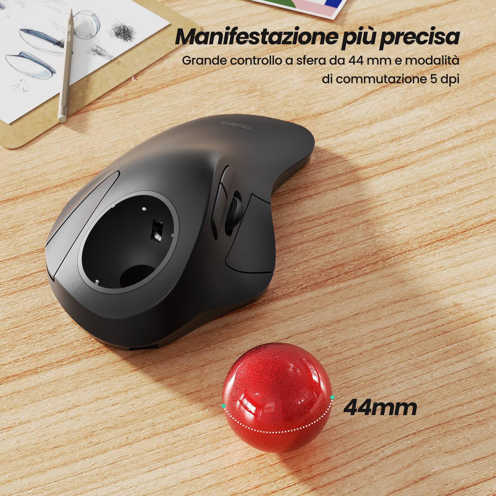 Nulea Mouse Trackball senza fili, design ergonomico ricaricabile, controllo del dito indice con 5 DPI regolabili, connessione a 3 dispositivi (Bluetooth o USB)