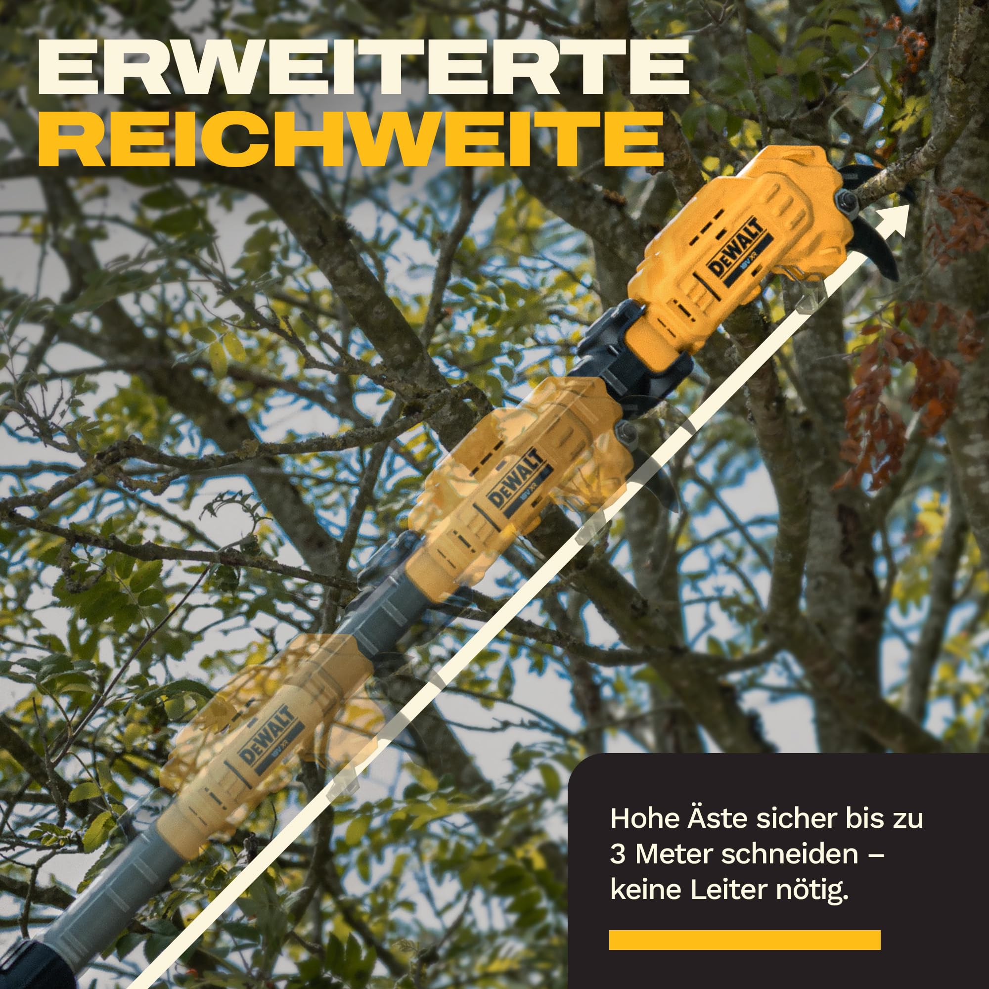 DEWALT 18V XR Professioneller Hochentaster; Leistungsstarkes, präzises Schneiden für hohe Äste, Nur Gerät, DCMPP569N-XJ