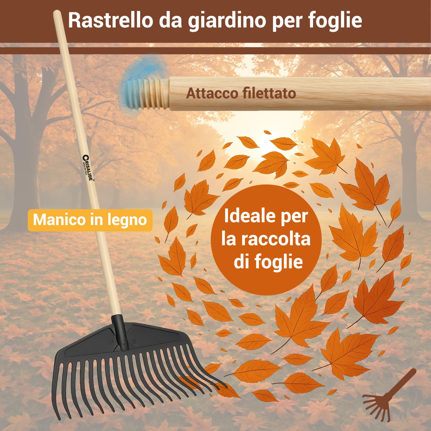 Crisalide® Rastrello da Giardino per Foglie con Manico in Legno 150 cm – Testa Larga in Plastica Flessibile – Ideale per Foglie, Paglia ed Erba – Attrezzo Leggero, Resistente e Maneggevole