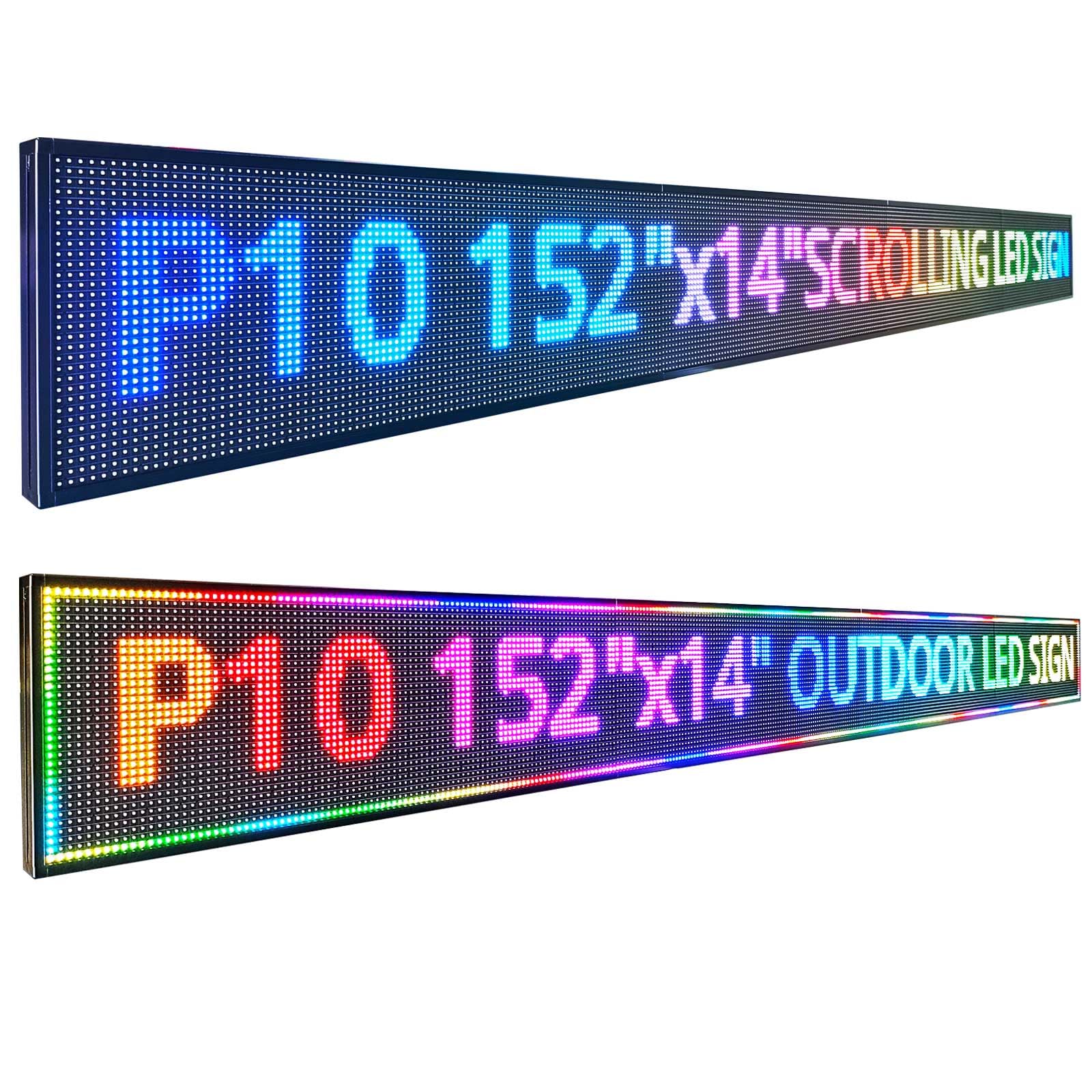 Led Outdoor Programmable Scrolling Signs for Business, Digital Commercial Banner , Large P10 Electronic Message Board ,Open Neon Display Waterproof , for Store Restaurant Wall Window Advertising Public Food Truck , Custom Text Full Color High Brightness 152’’x14’’ WIFI control
