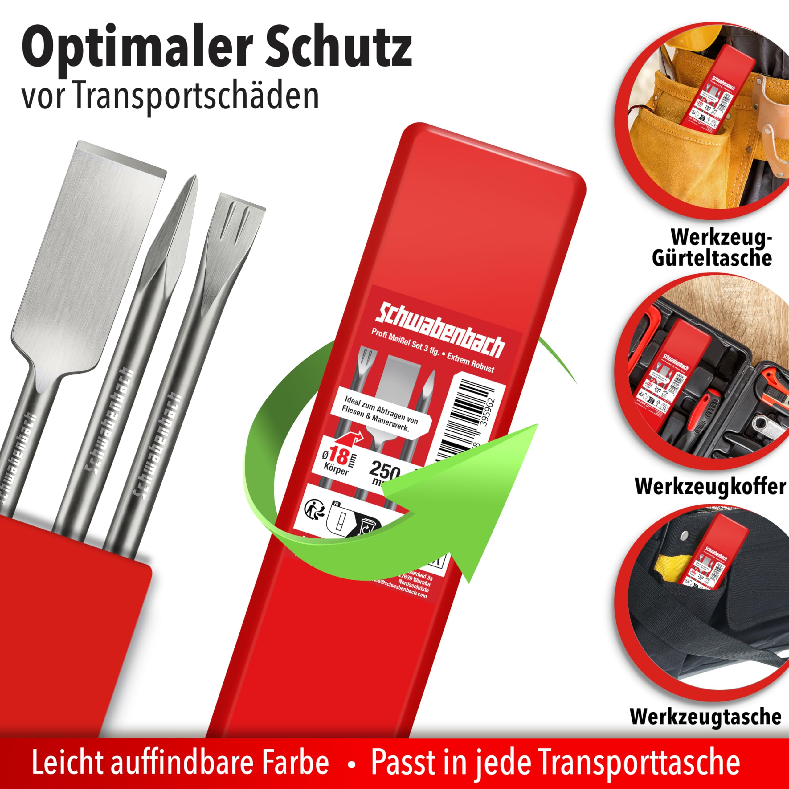 SCHWABENBACH® SDS Plus Lot de 3 burins 250 mm – Ciseau à carrelage 40 mm tête extra longue, burin plat 25 mm, burin pointu – SDS Burin pour marteau perforateur