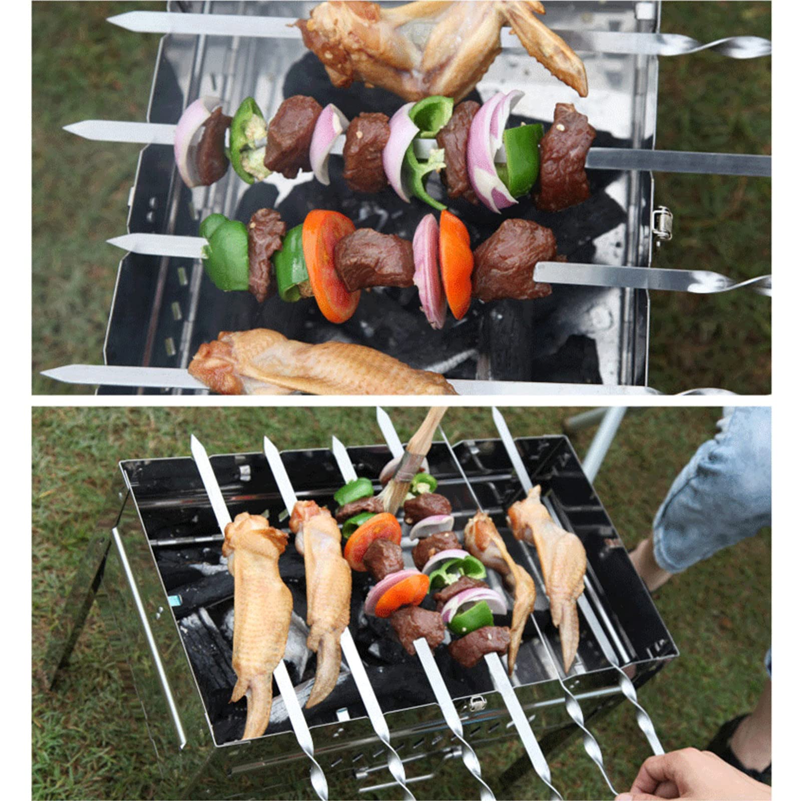 Pinchos planos de acero inoxidable con mango de madera, tenedor de carne 55 cm, brochetas shish kebab, skewers reutilizables de metal, accesorios para barbacoas