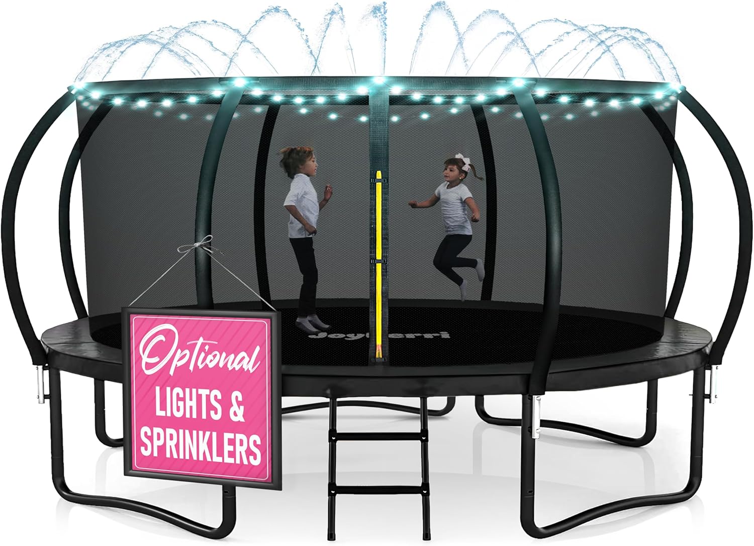 Trampoline Outdoor - ASTM Certified Safe, 8Ft, 10Ft, 12Ft, 14Ft, 15Ft, 16Ft Recreational Trampoline for Kids and Adults. Anti-Rust Coating with Enclosure Net, Ladder, Sprinkler & LED Lights