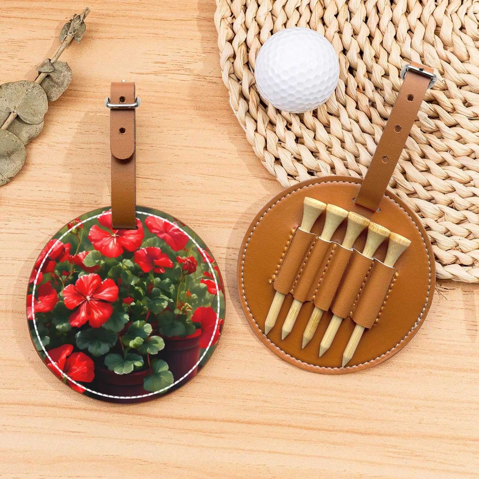 Red Geraniums Brown Golf tee Storage Bag - Durable and wear-Resistant Golf Accessories