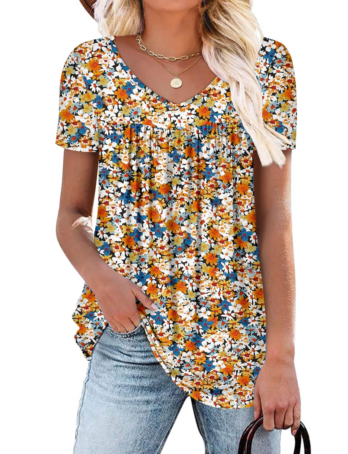 ZOLUCKY Womens Plus Size Short Sleeve Boho Tops Trendy Shirts Loose Fit Blouse Summer Tunic Top for Women S-3XL