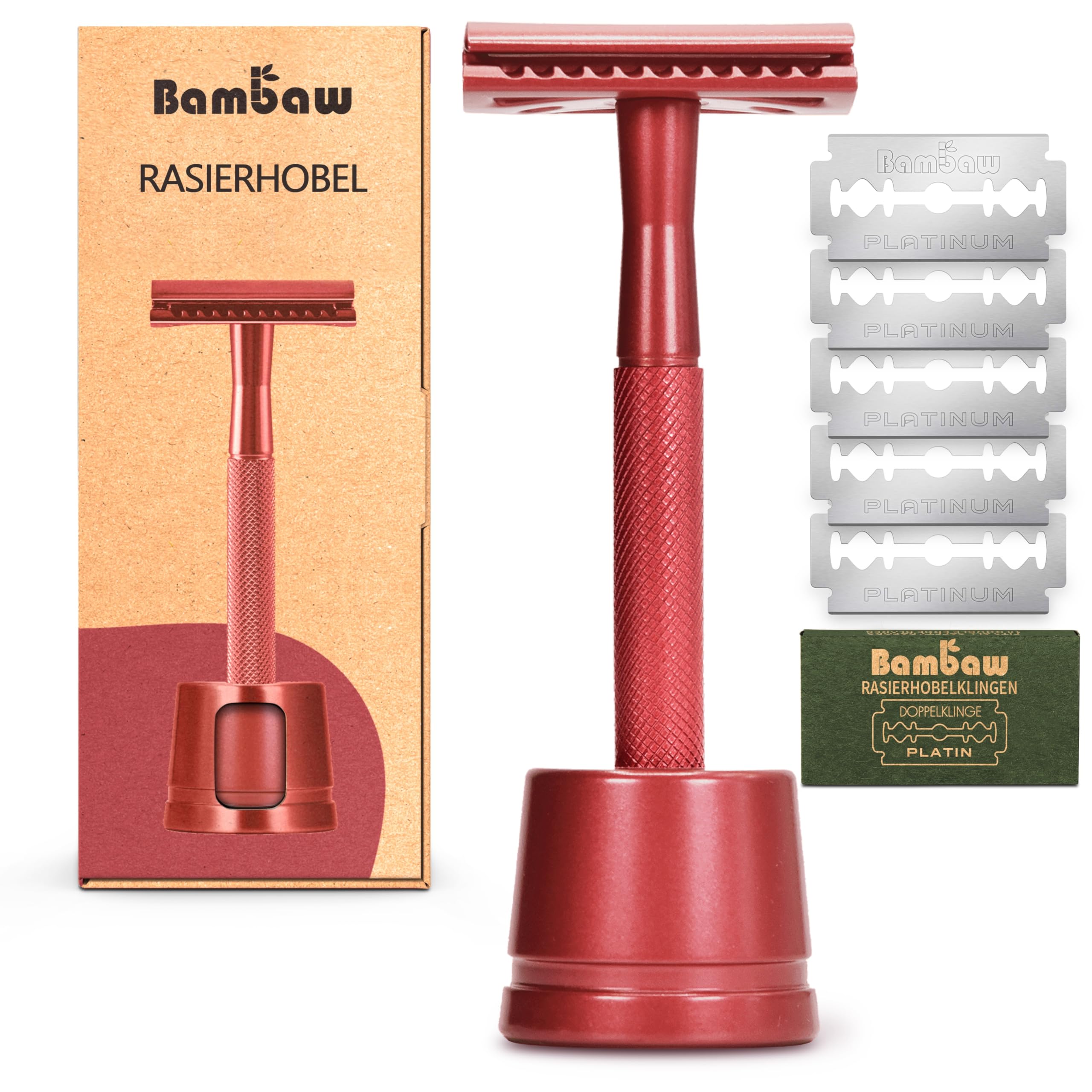 Bambaw Metall-Rasierer Klassisch mit Rasierhobelhalter – Edelstahl-Sicherheitsrasierer, 5 Klingen, Rot