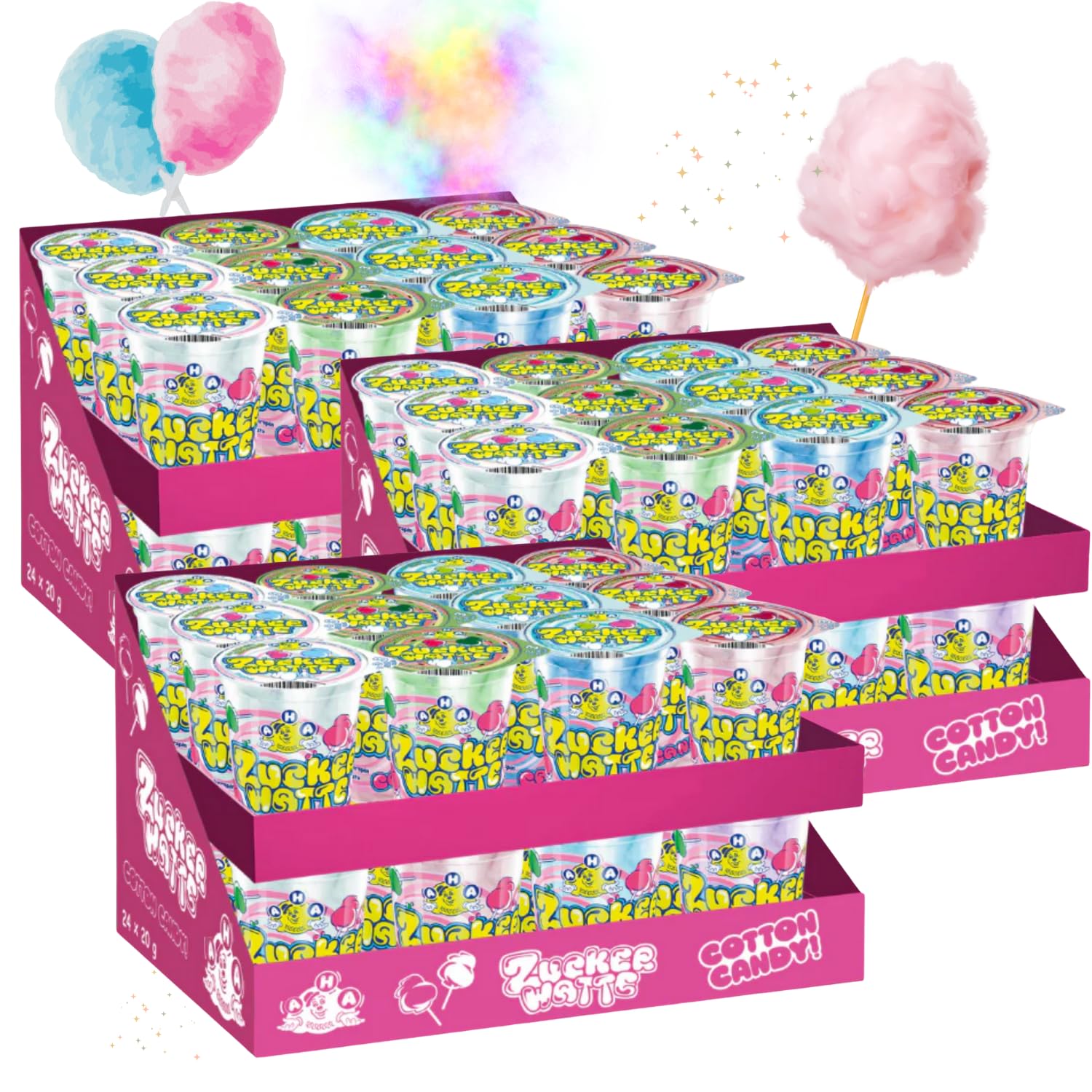 AHA Algodón de azúcar 7 colores 72 x 20 g en vaso, calidad premium, 7 sabores como en la feria para fiestas, casa, jardín, fiesta