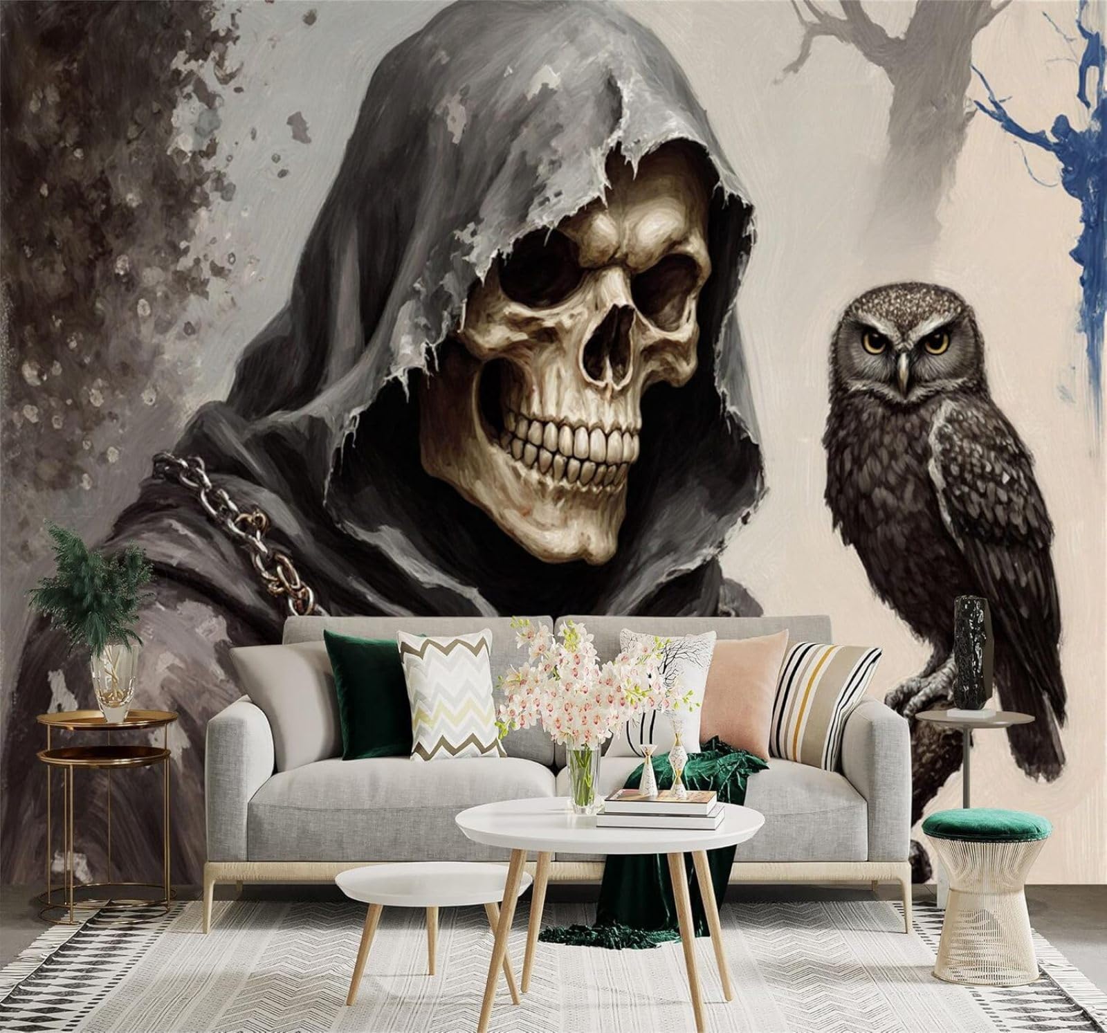 XLMING Misty Forest Black Skulls Crows Patterns 3D Wallpaper Premium Textured Silk Study Dining Living Room Bedroom Sofa TV Wall Easy Install-430cm×300cm