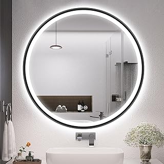 S'bagno Badspiegel mit Beleuchtung 70cm, Spiegel Rund mit Beleuchtung mit Aluminiumrahmen, Entfoggen, 3000-6500K, HD-Gehärtetes Glas, IP44 Bad Spiegel mit Licht Memory-Funktion, Schwarz