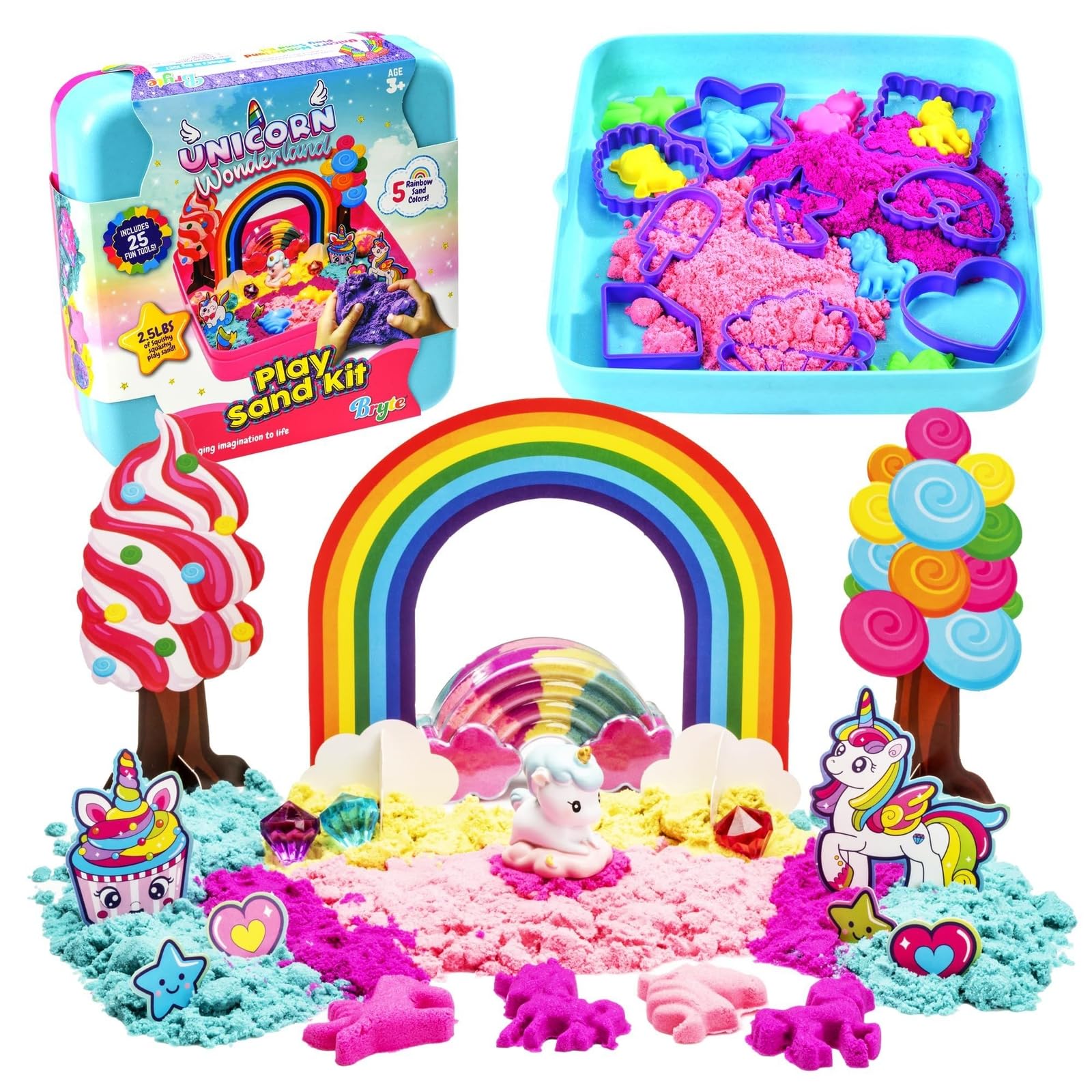 Bryte Magic Sand Play Set - 2.5-lb Rainbow Colors - Unicorn Sensory Sand Art Toy & Magic Kit with Glitter Shapers
