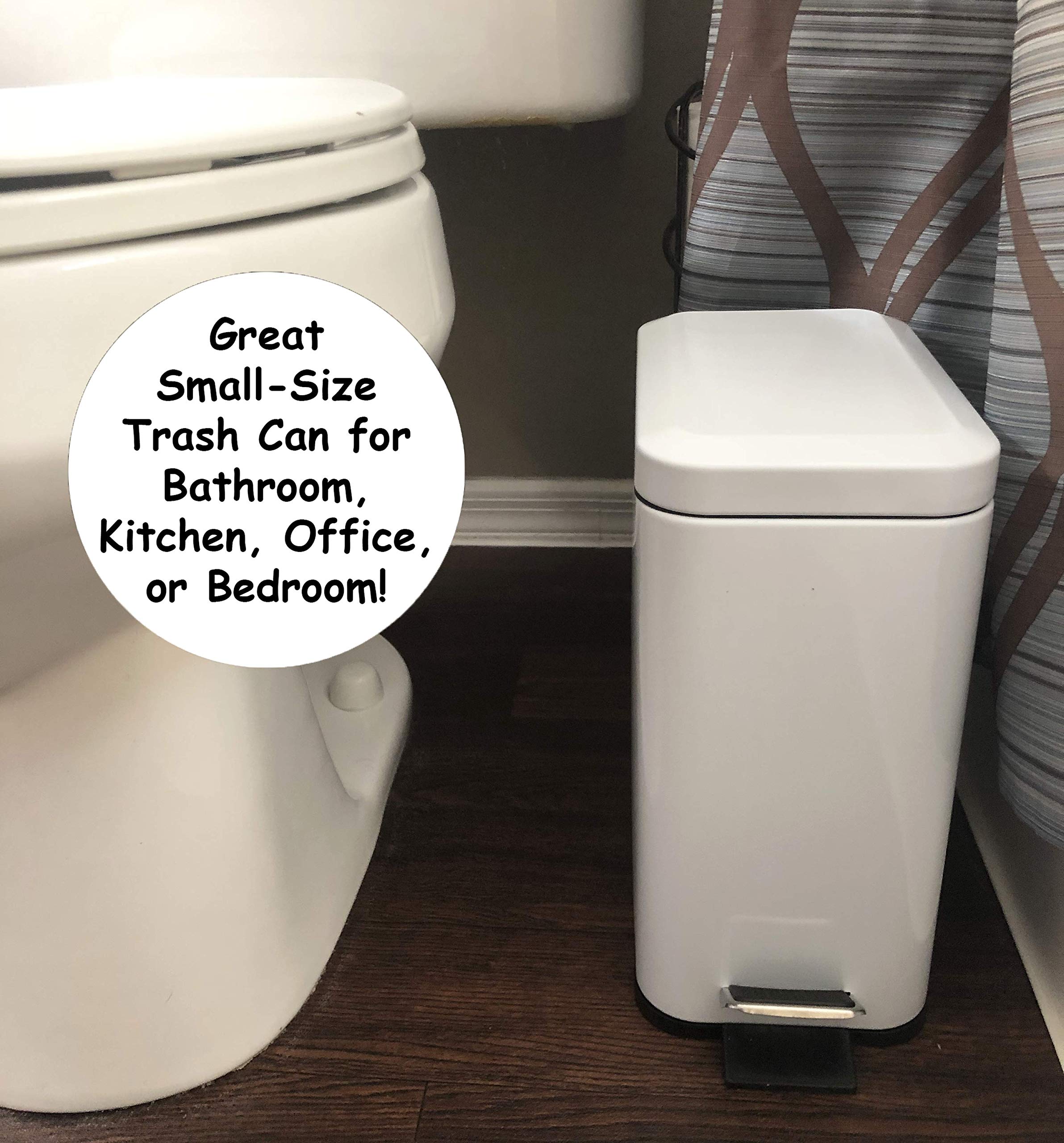 Soft Close, Rectangular Trash Can 10L with Anti - Bag Slip Liner and Lid, Use as Mini Garbage Basket, Slim Dust Bin, or Decor in Bathroom, Restroom, Kitchen, or Bedroom (10L / 2.6 Gallon, Shiny White)