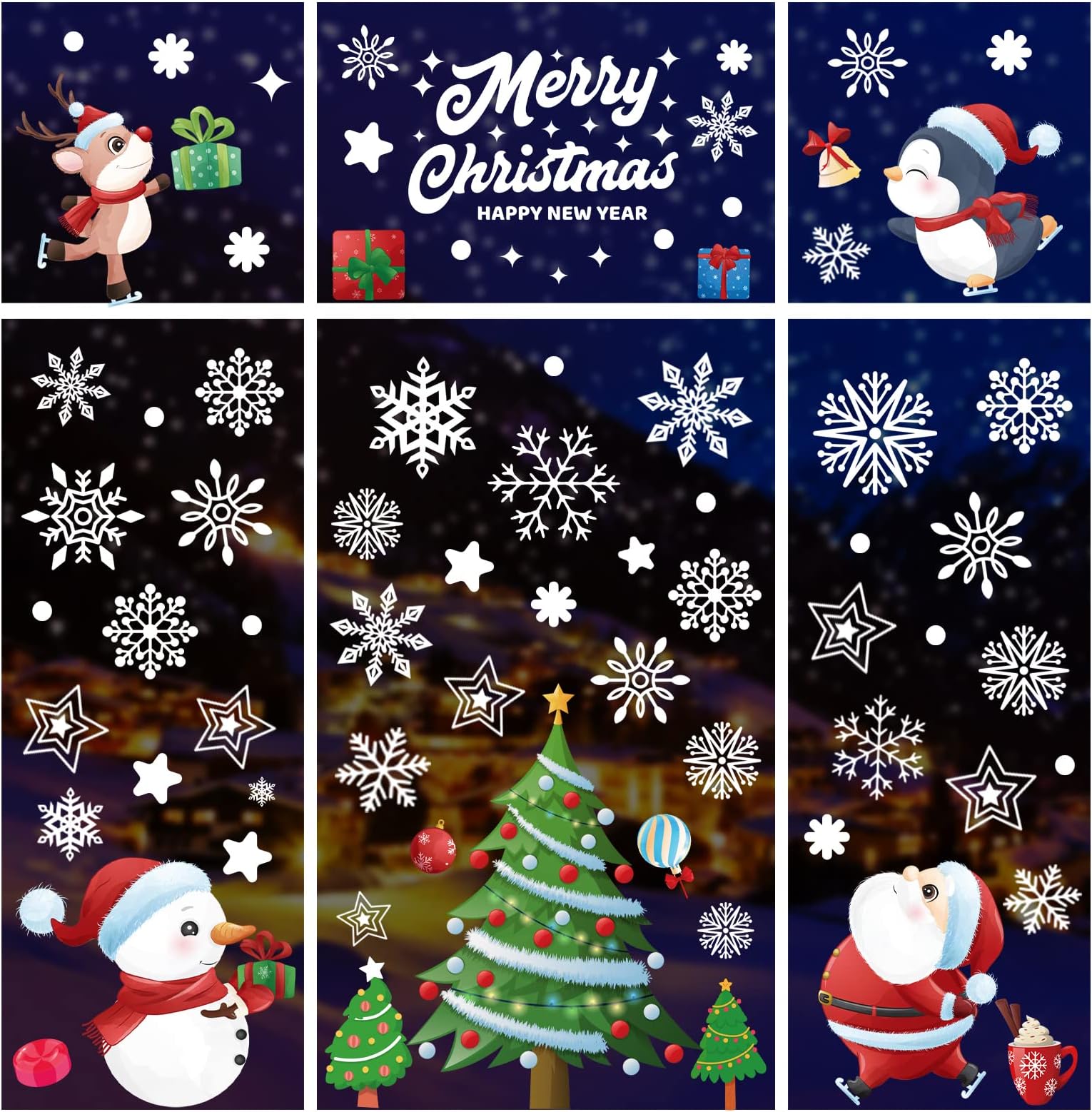 8 Sheets Christmas Window Clings Snowflake Window Stickers Reindeer Santa Claus Snowman Glass Decals Christmas Window Decorations for Xmas Holiday Party Ornaments