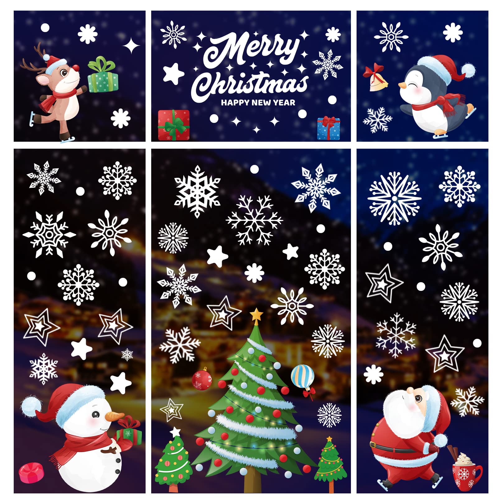 8 Sheets Christmas Window Clings Snowflake Window Stickers Reindeer Santa Claus Snowman Glass Decals Christmas Window Decorations for Xmas Holiday Party Ornaments