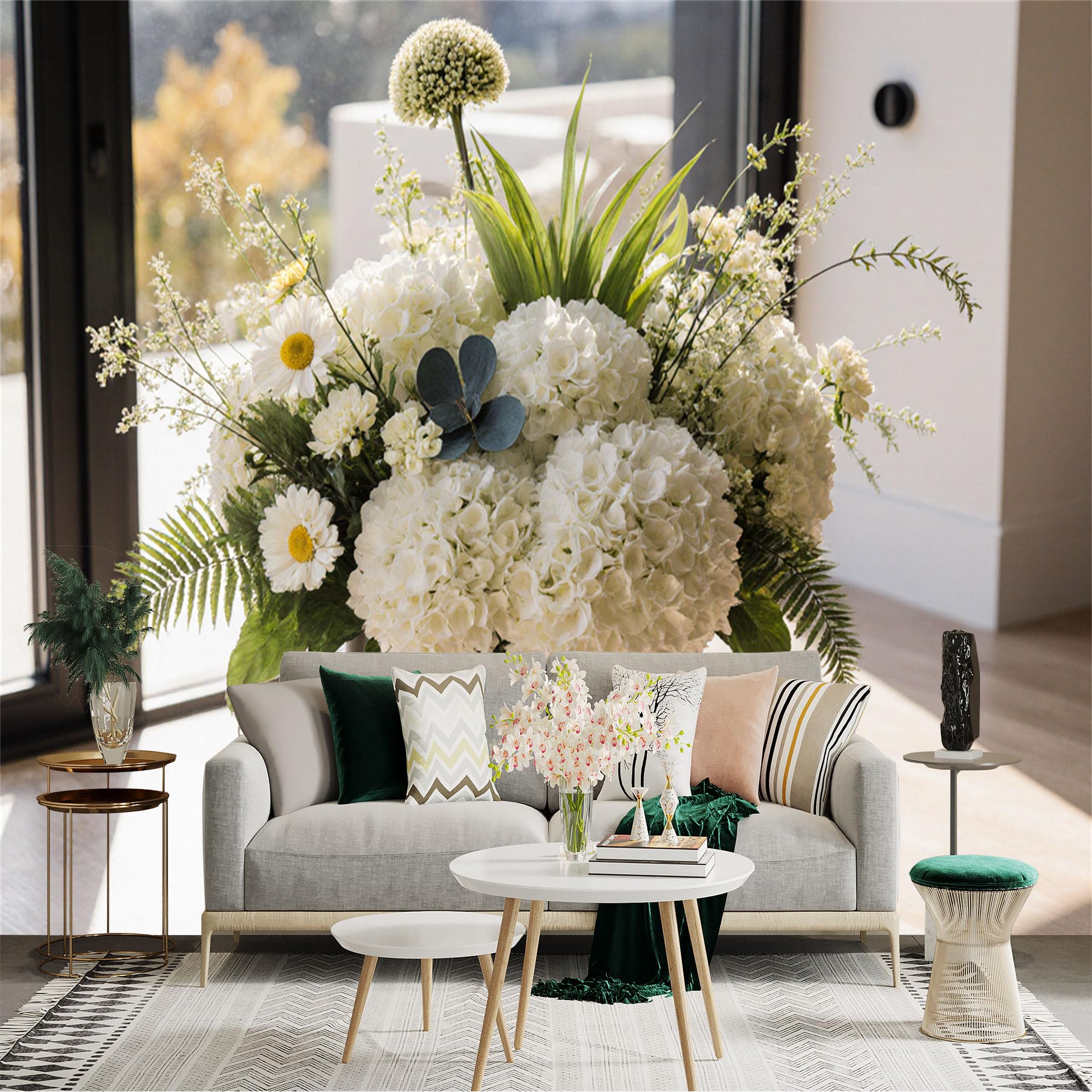 Custom Size Wall Sticker Mural， Elegant White Hydrangea Bouquet， Fresh Floral Arrangement in Black Vase， Botanical Home Art， for wall Decoration， peelandstick wall Decals.