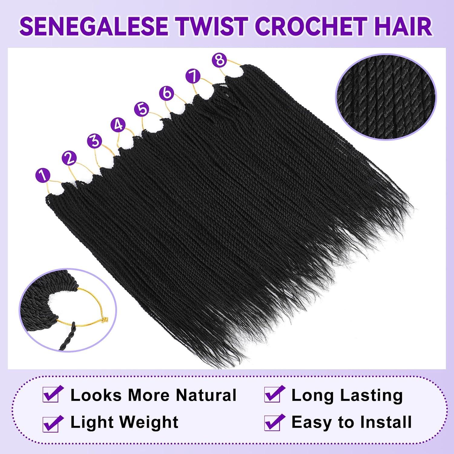 Senegalese Twist Crochet Hair for Women Pre Looped Crochet Braids 18 Inch Micro Twist Crochet Hair Small Twist Braids with Natural Ends 8 Packs 240 Strands Black