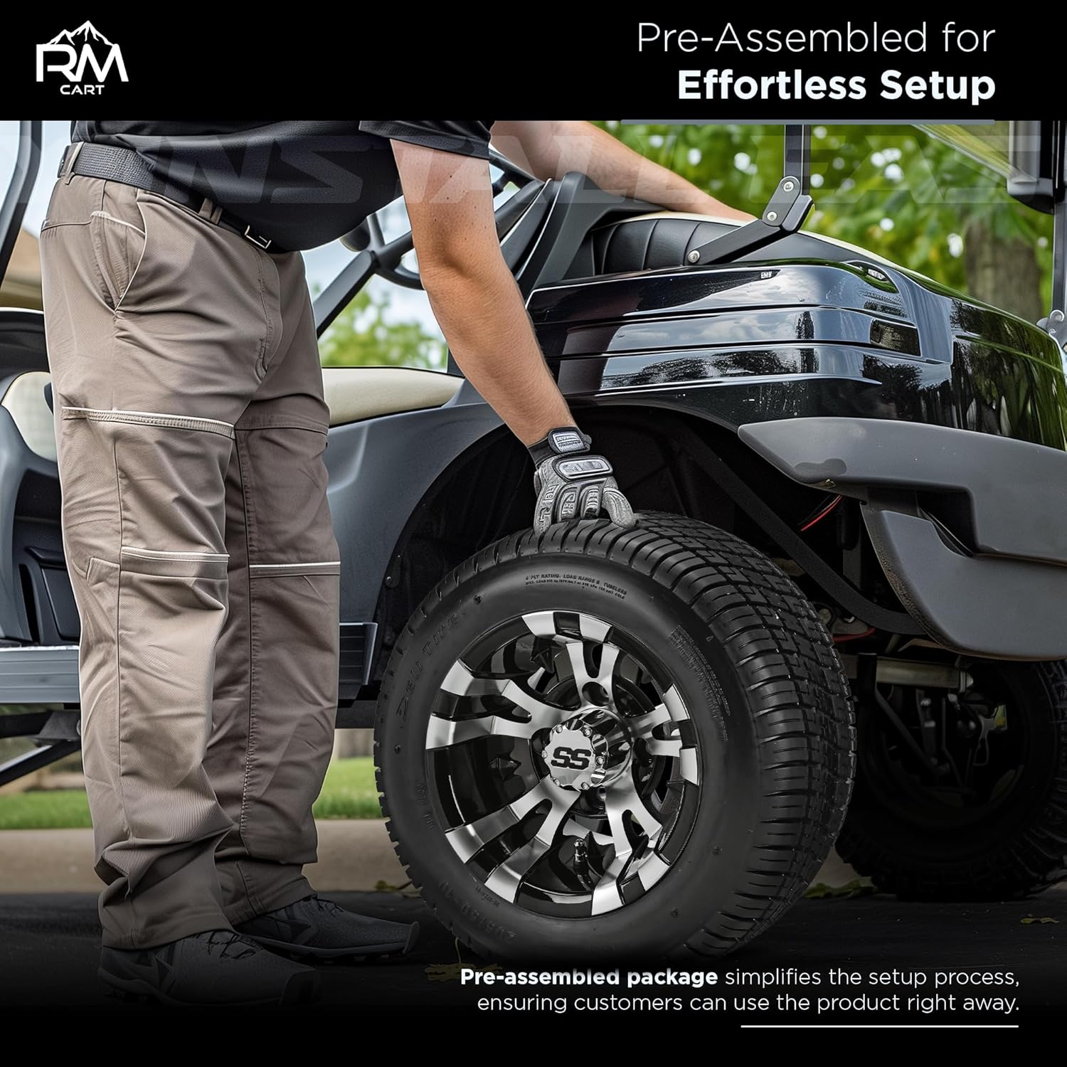RM Cart 10" Warlock Black/Machined on 205/50-10 Deli Low Profile Tires (Set of 4) | Golf Cart Tires and Wheels Combo with Standard Lug Nuts