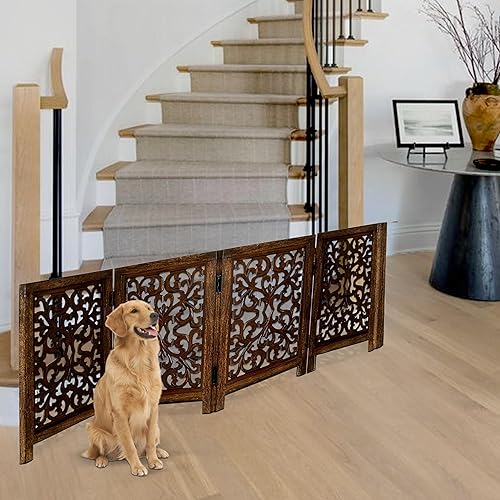 Miniatura 7 de Puerta independiente para perros, puerta plegable de madera para mascotas de 4 paneles para interiores, 72 pulgadas de ancho x 24 pulgadas de alto,