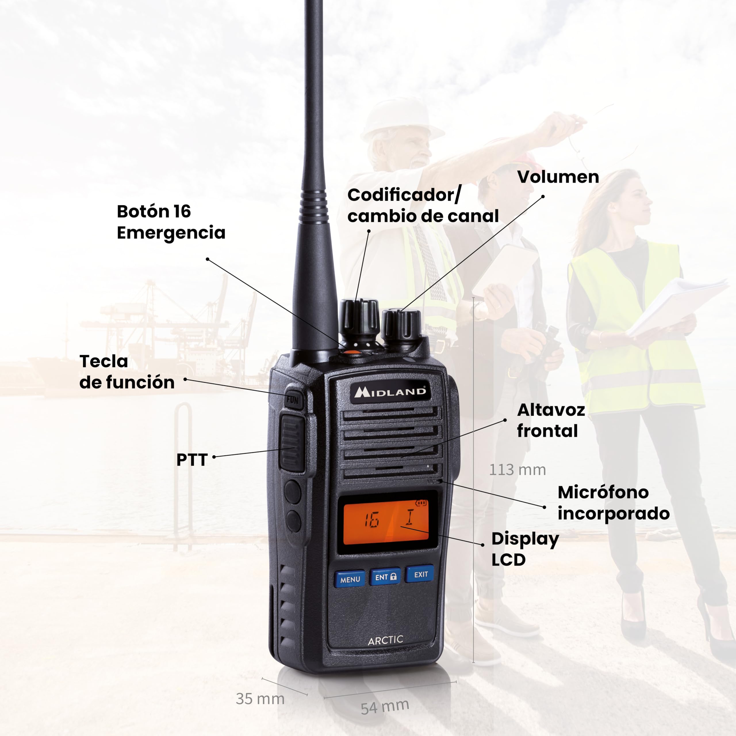 Midland Arctic VHF Marine Band Radio Transceptor de Mano con Triple función de Reloj