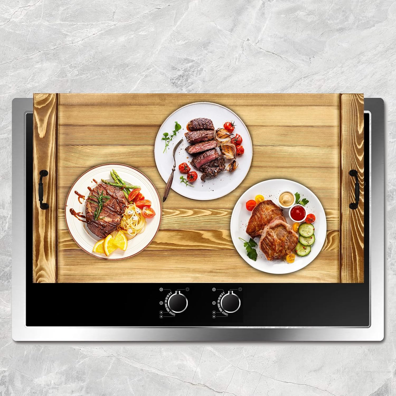 Noodle Board Stove Cover with Handles, Large Charcuterie Board and Counter Space Top Cover for Electric and Gas Stoves, Farmhouse Rustic Decorative Tray for Kitchen (30"L x 22"W-Wood)