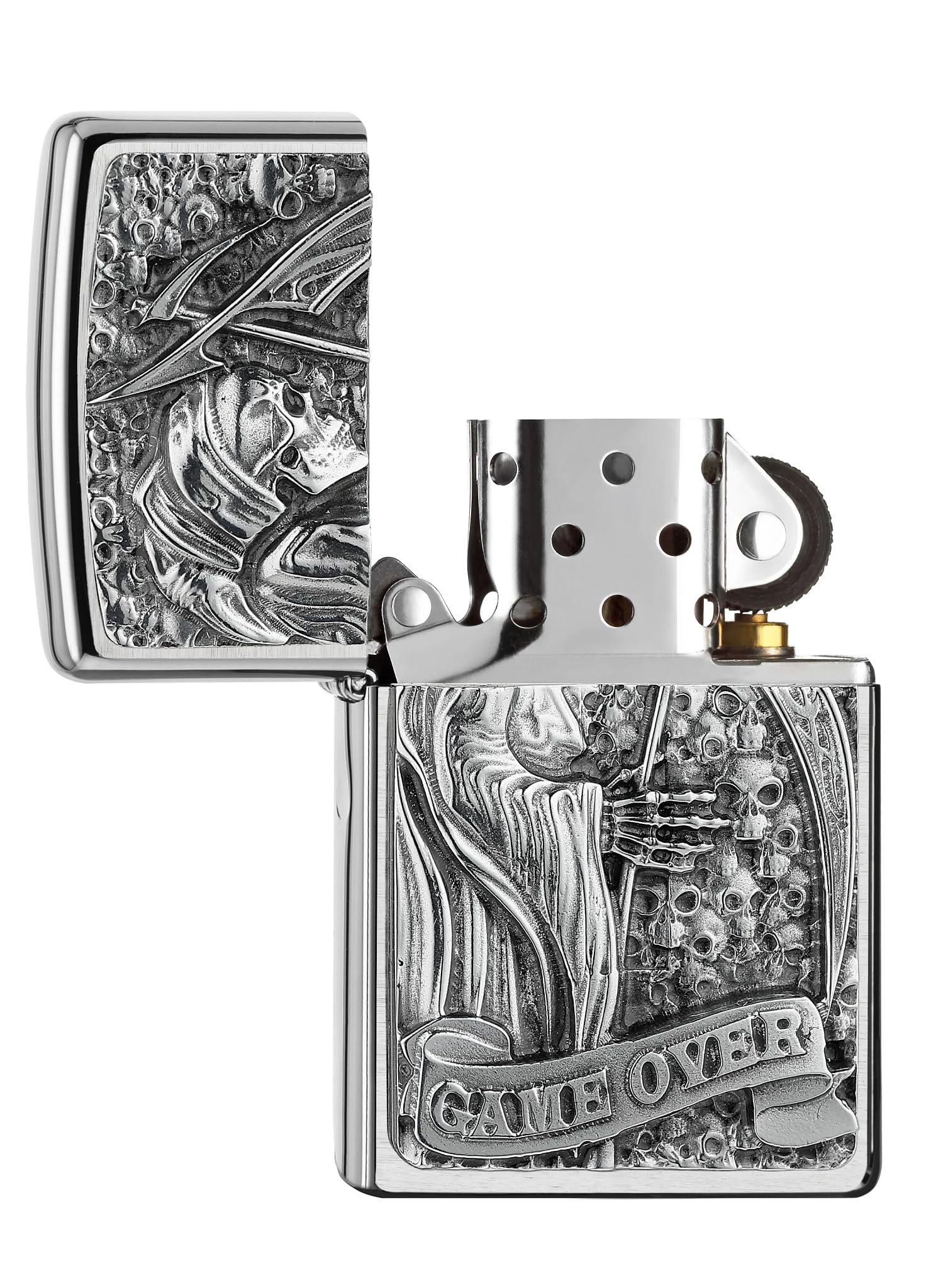 Zippo - Mechero de Reaper Game Over 3D, Cromo Pulido, con Emblema, Recargable, Reutilizable, diseño Resistente al Viento, Caja de Regalo, Fabricado en Estados Unidos