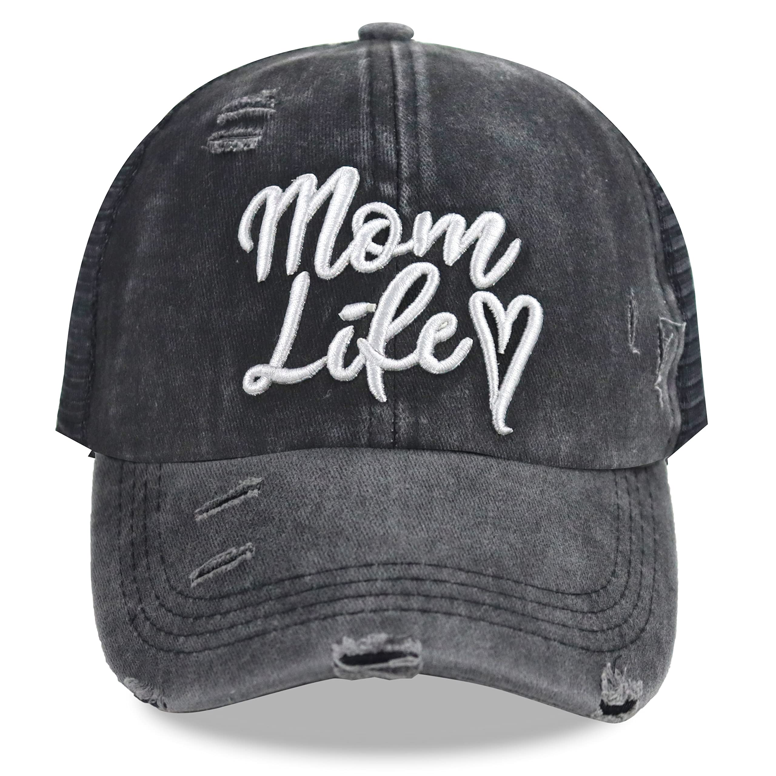 Mom Life Ponytail Baseball Cap Messy Bun Vintage Washed Distressed Twill Plain Hat for Women