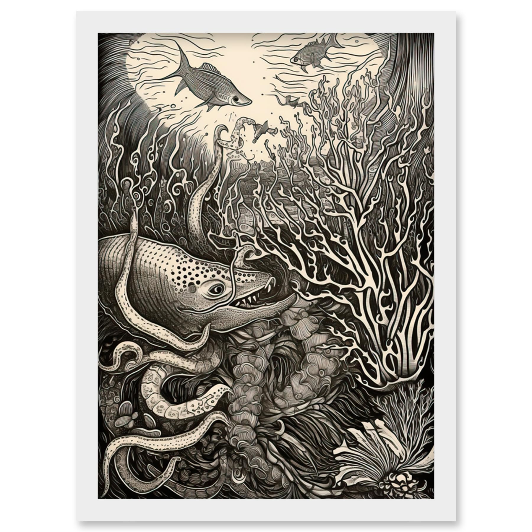 Artery8 Aquatic Animals and Plants Linocut Illustration Artwork Framed Wall Art Print A4