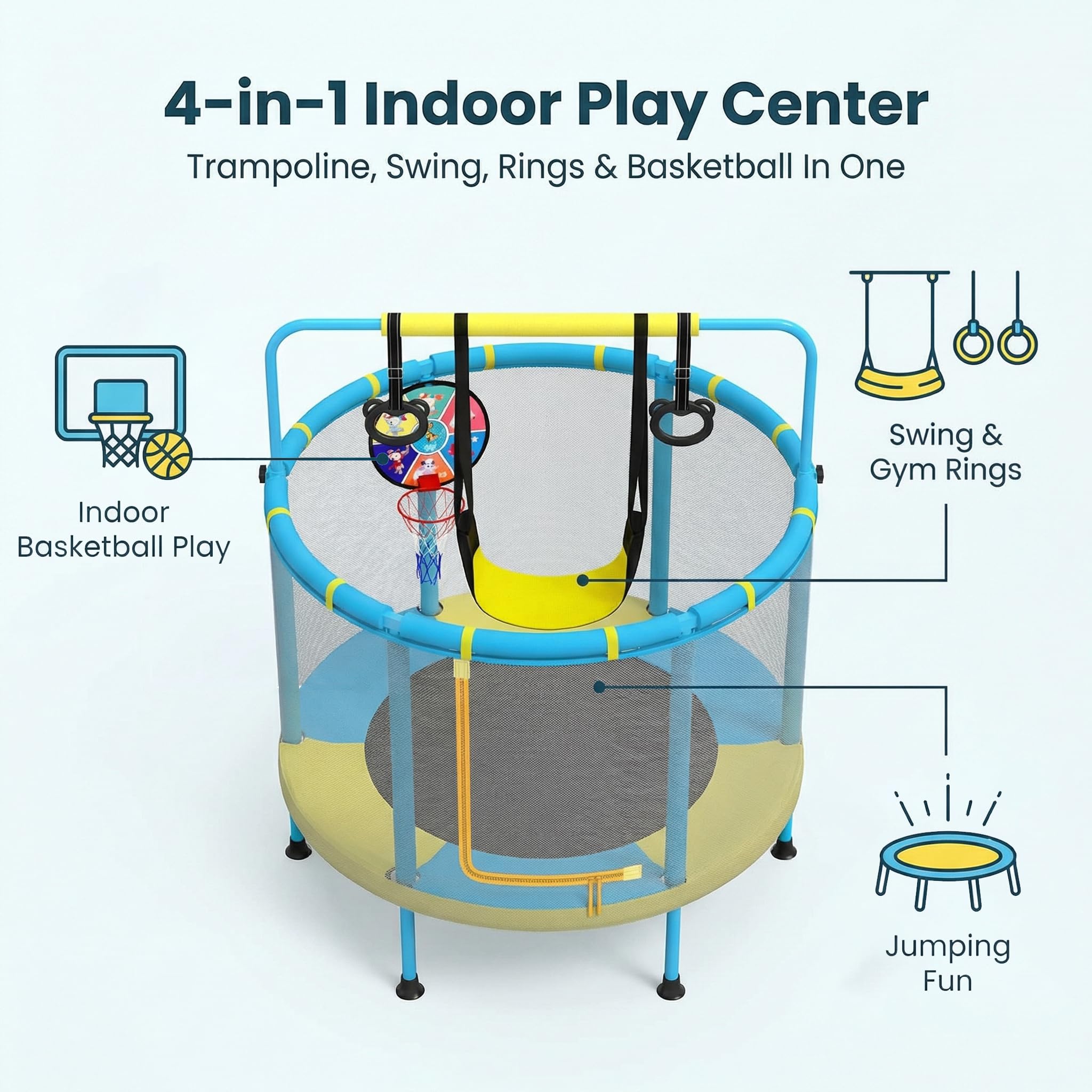 PILIN Trampoline Multifonctionnel 4 en 1 φ150 Cm, avec BalançOires, Barres, Capacité de Charge de 50 Kg, Utilisation IntéRieure Et ExtéRieure pour Enfants