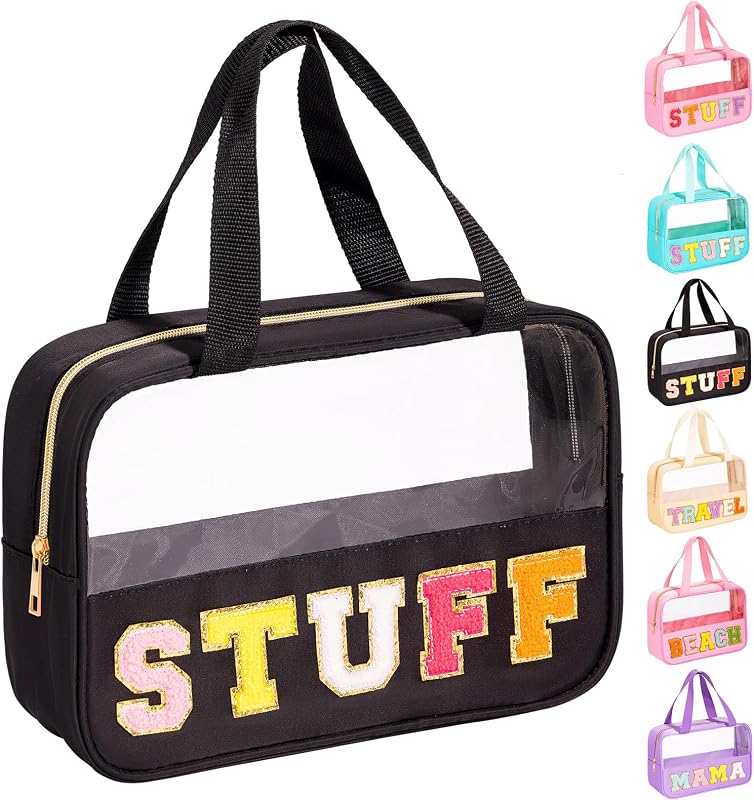 Necessaire transparente para maquiagem eurovicky com aplicação de letras em chenille, Elegant Black-STUFF