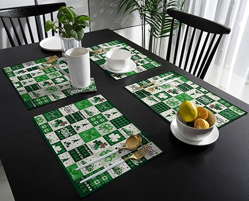 Miniatura 3 de Juego de 4 manteles individuales de cuadros verdes para mesa de comedor, día de San Patricio, camión, gnomo, trébol, a cuadros, rústico, duradero,