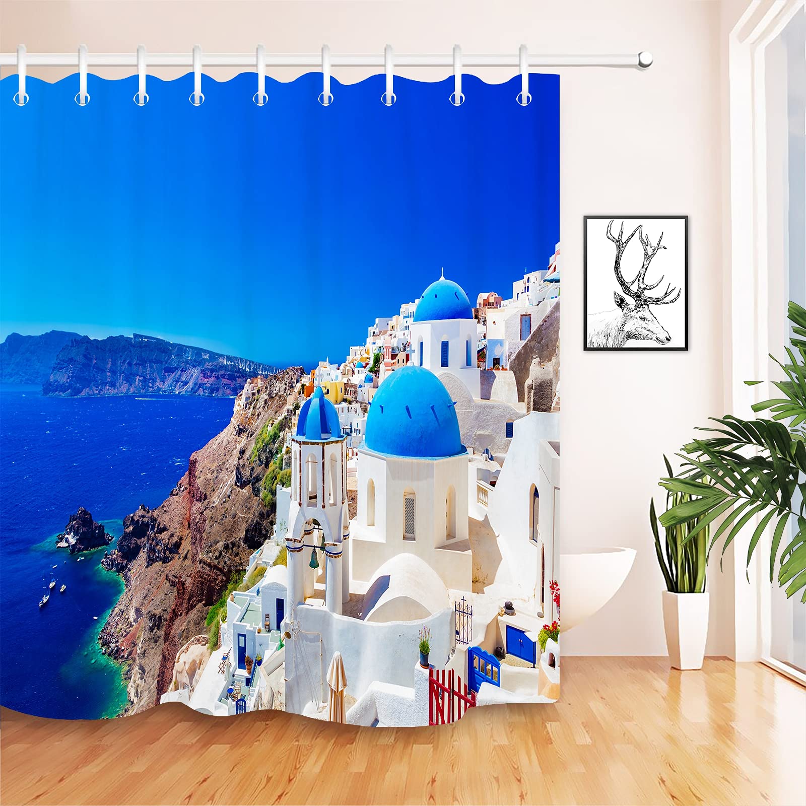 JOOCAR Bathroom Decorative, Greek Scenery Santorini White Stone Palace European City Seaside Landscape - Image 2