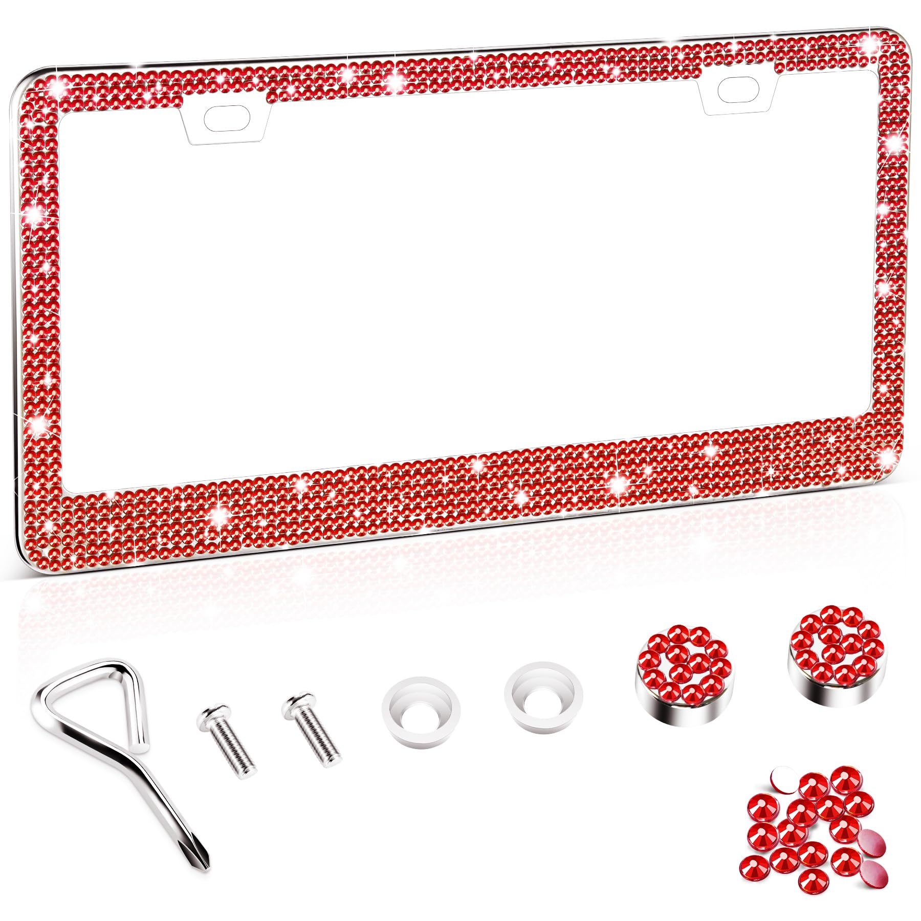 Amiss Bling License Plate Frame for Women, 1Pack Rhinestone Handcrafted Crystal Premium Stainless Steel, Stainless Steel Car Accessories with Diamond Sparkle Glitter Caps (Red)
